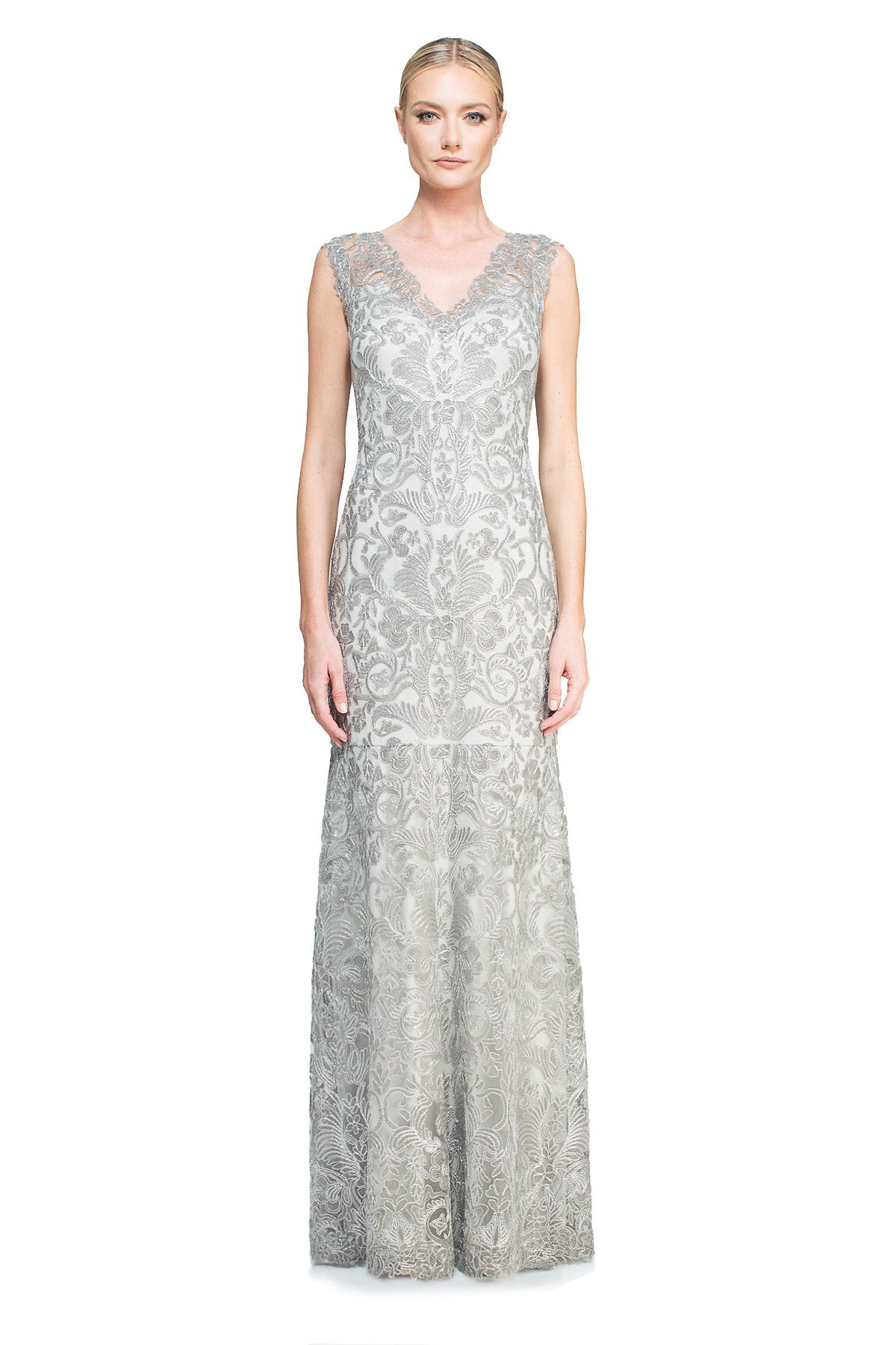 Tadashi Shoji - Metallic Corded Embroidery on Tulle V-Neck Gown