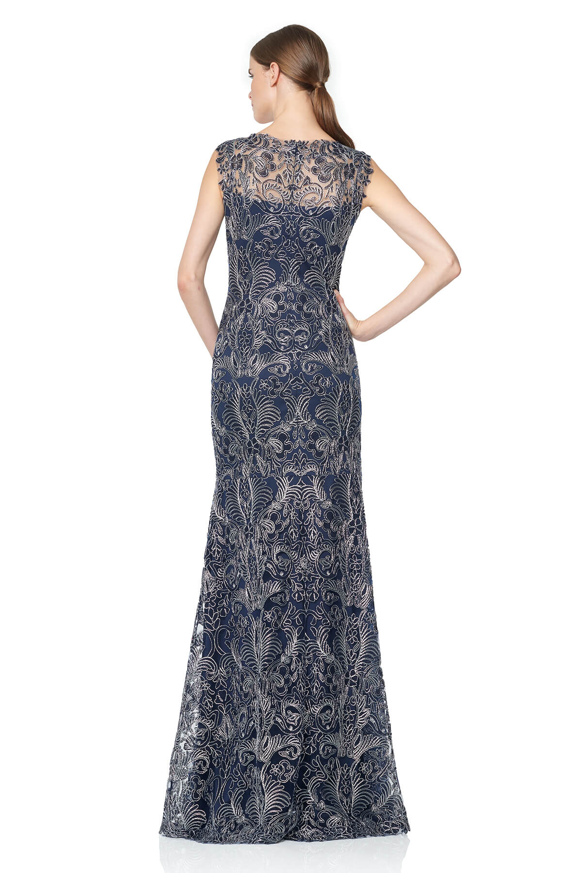 Tadashi Shoji - Metallic Corded Embroidery on Tulle V-Neck Gown