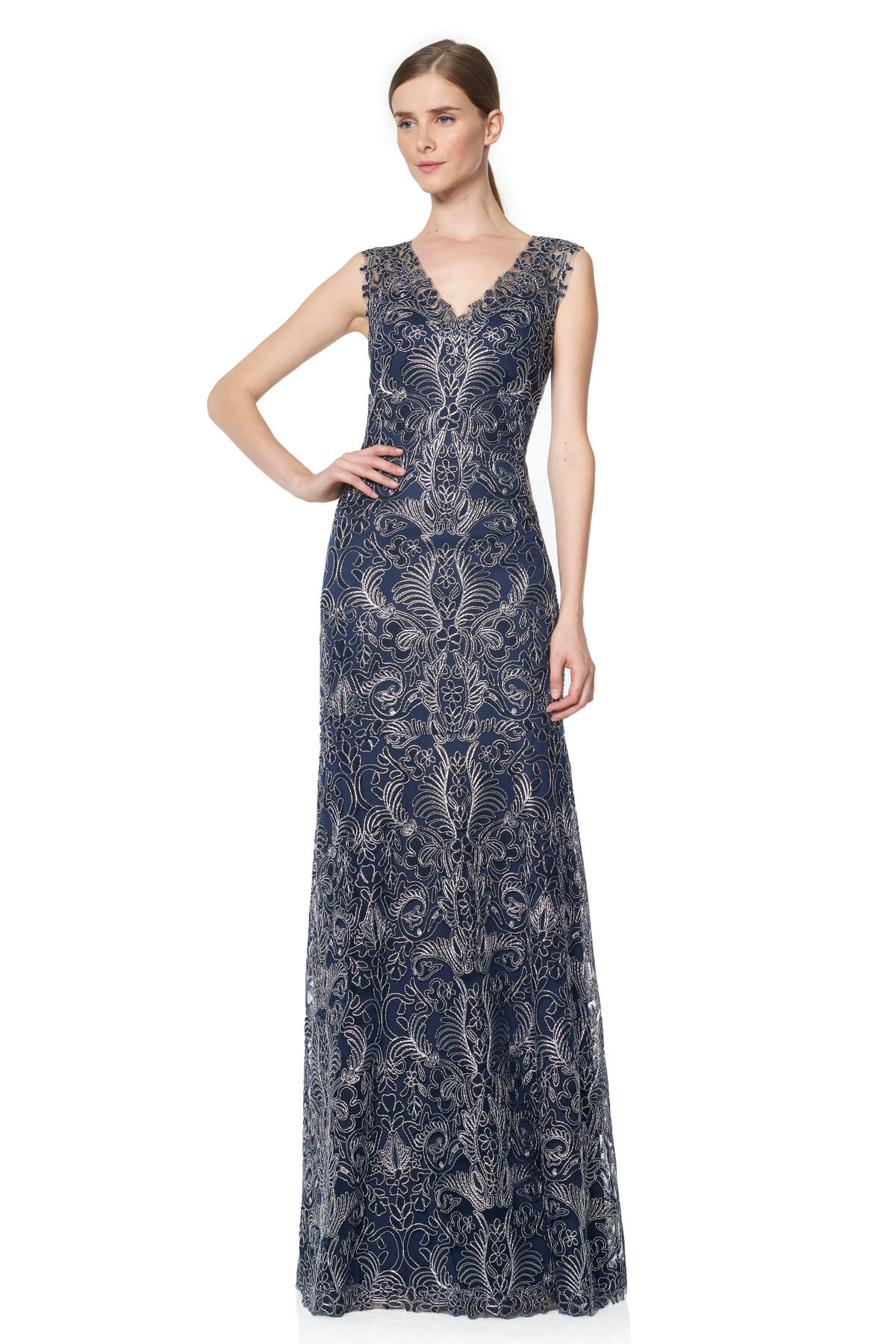 Tadashi Shoji - Metallic Corded Embroidery on Tulle V-Neck Gown