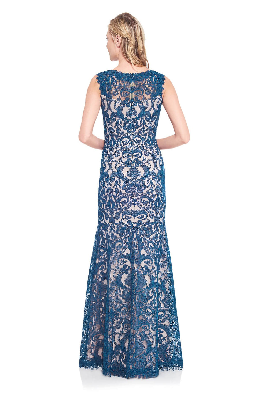Tadashi Shoji - Metallic Corded Embroidery on Tulle V-Neck Sheath Gown