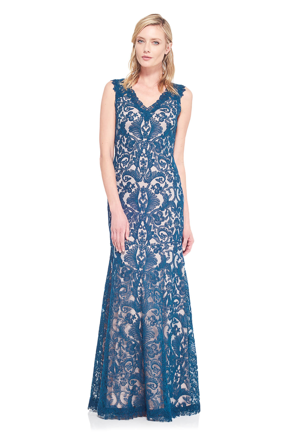 Metallic Corded Embroidery on Tulle V-Neck Sheath Gown