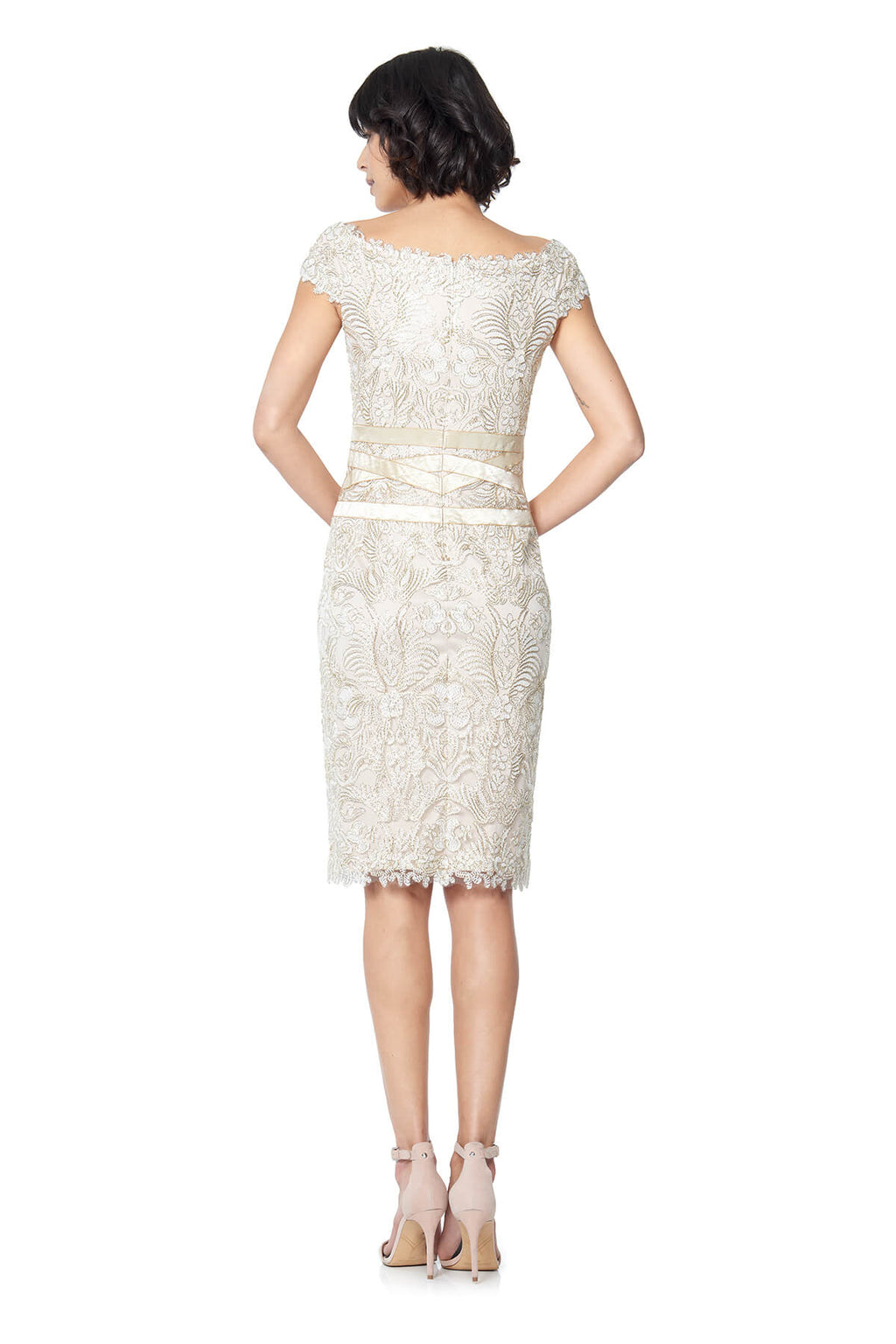 Tadashi Shoji - Corded Embroidery on Tulle Dress with Ribbon Detail