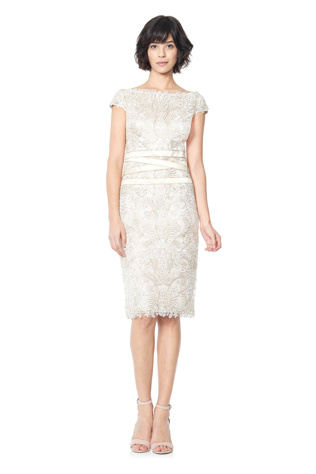 Tadashi Shoji - Corded Embroidery on Tulle Dress with Ribbon Detail