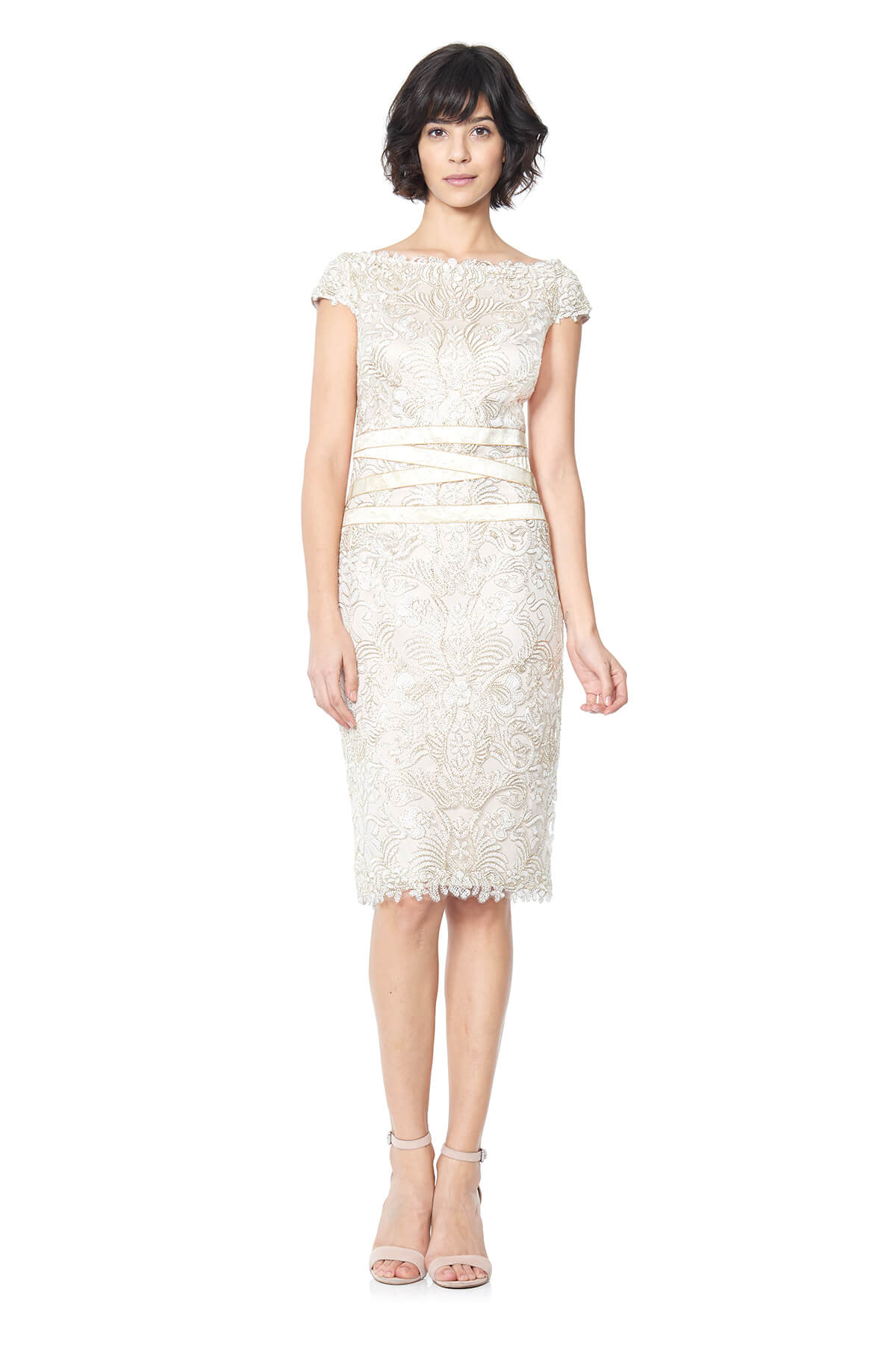 Tadashi Shoji - Corded Embroidery on Tulle Dress with Ribbon Detail