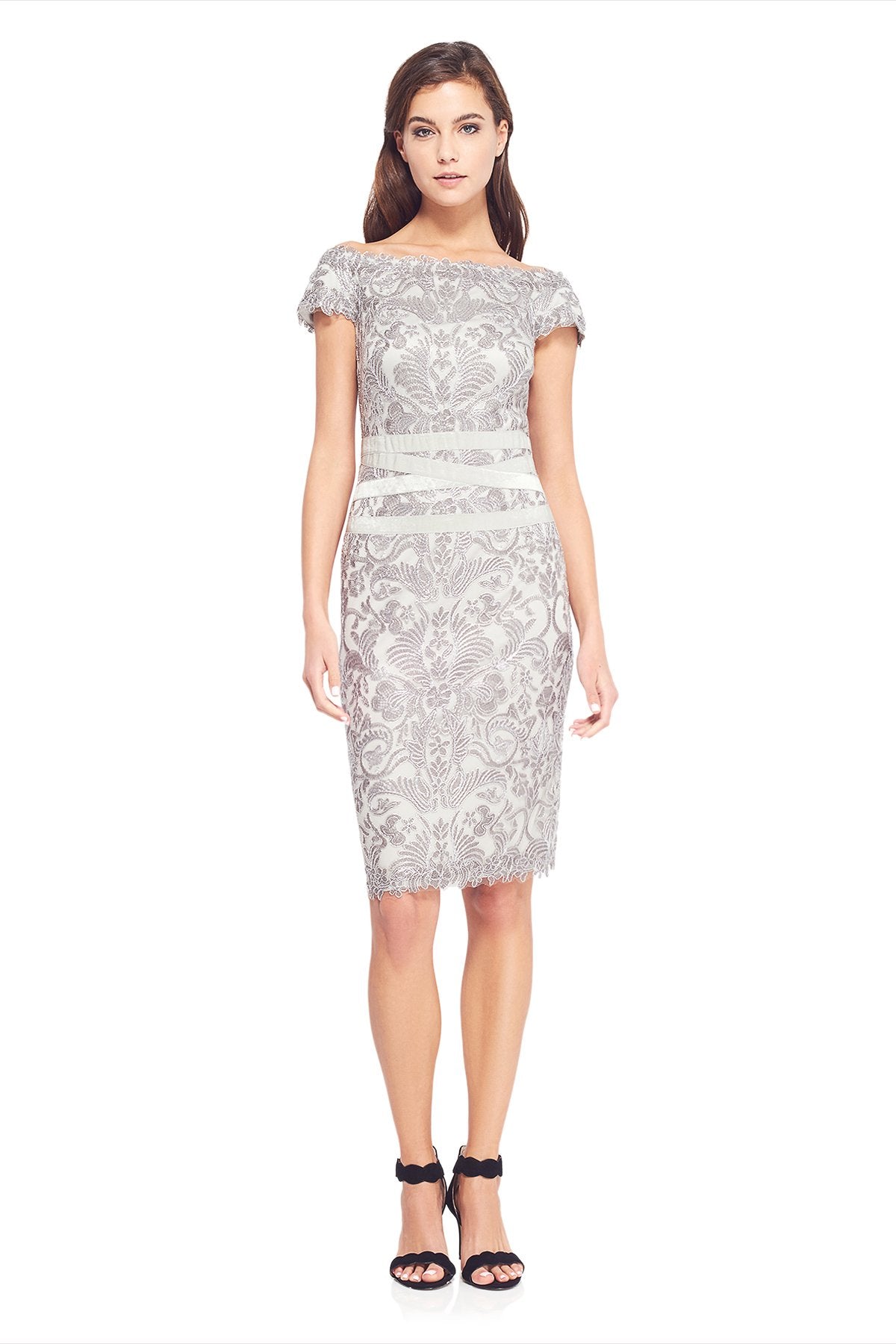 Tadashi Shoji - Corded Embroidery on Tulle Dress with Ribbon Detail