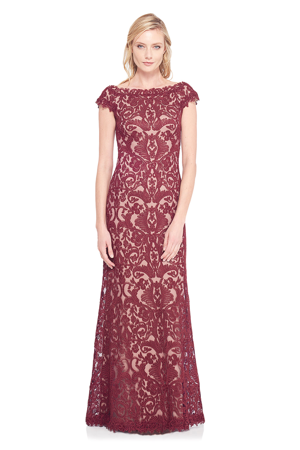 Corded Embroidery on Tulle Cap Sleeve Gown
