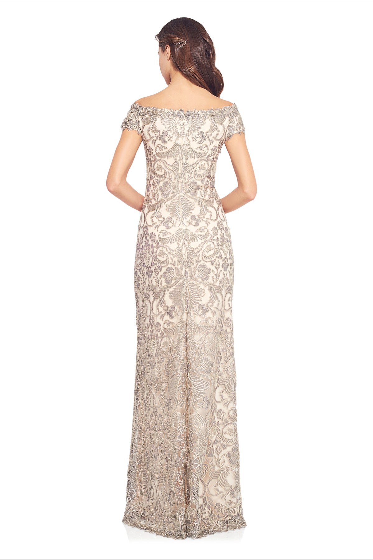 Corded Embroidery on Tulle Cap Sleeve Gown