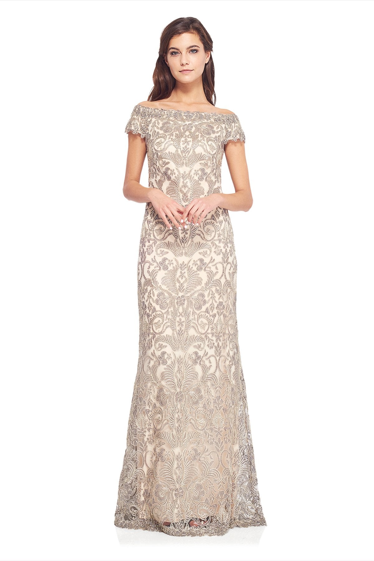 Corded Embroidery on Tulle Cap Sleeve Gown