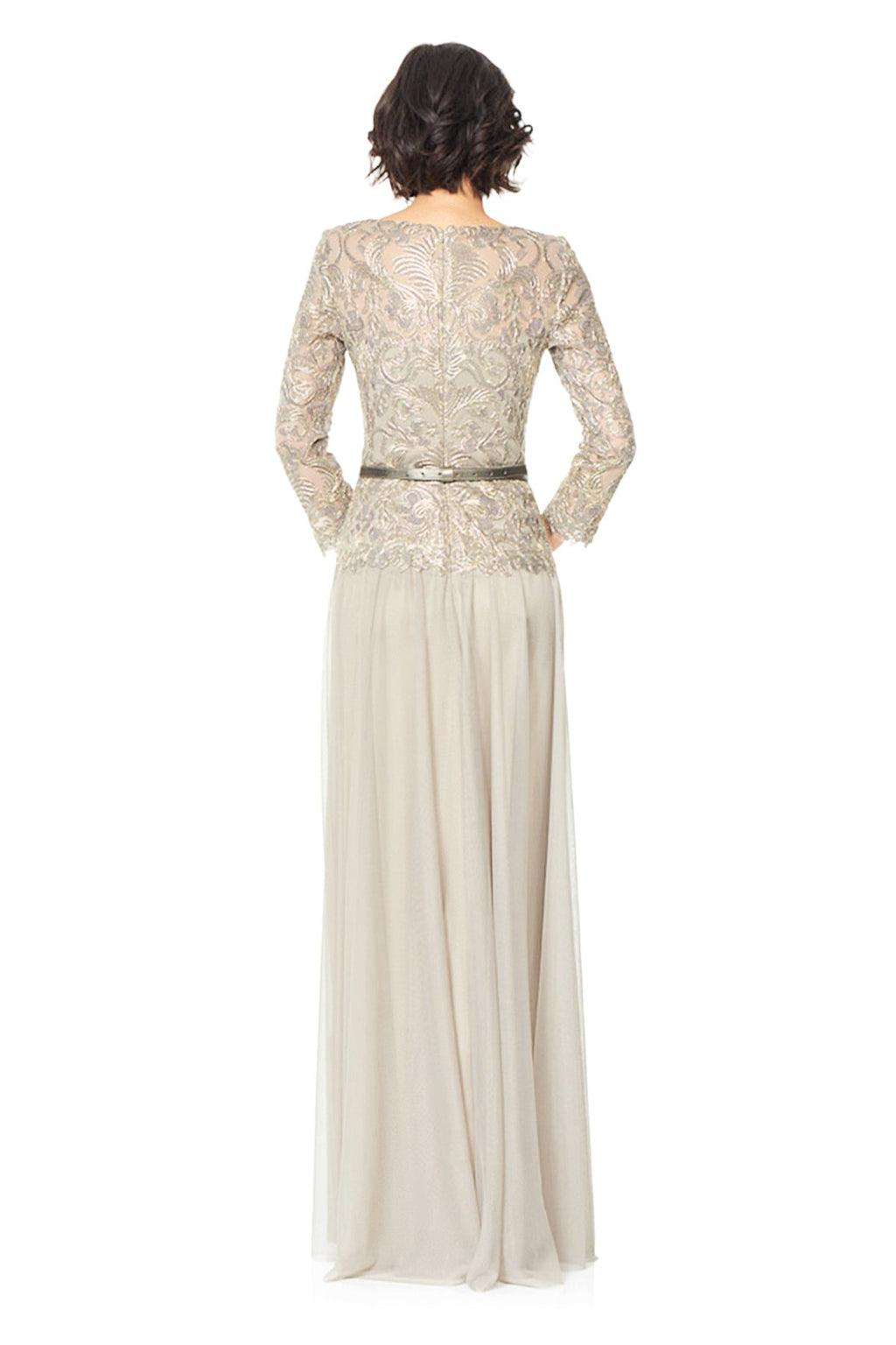 Tadashi Shoji - Corded Embroidery on Tulle 3/4 Sleeve Tulle Gown