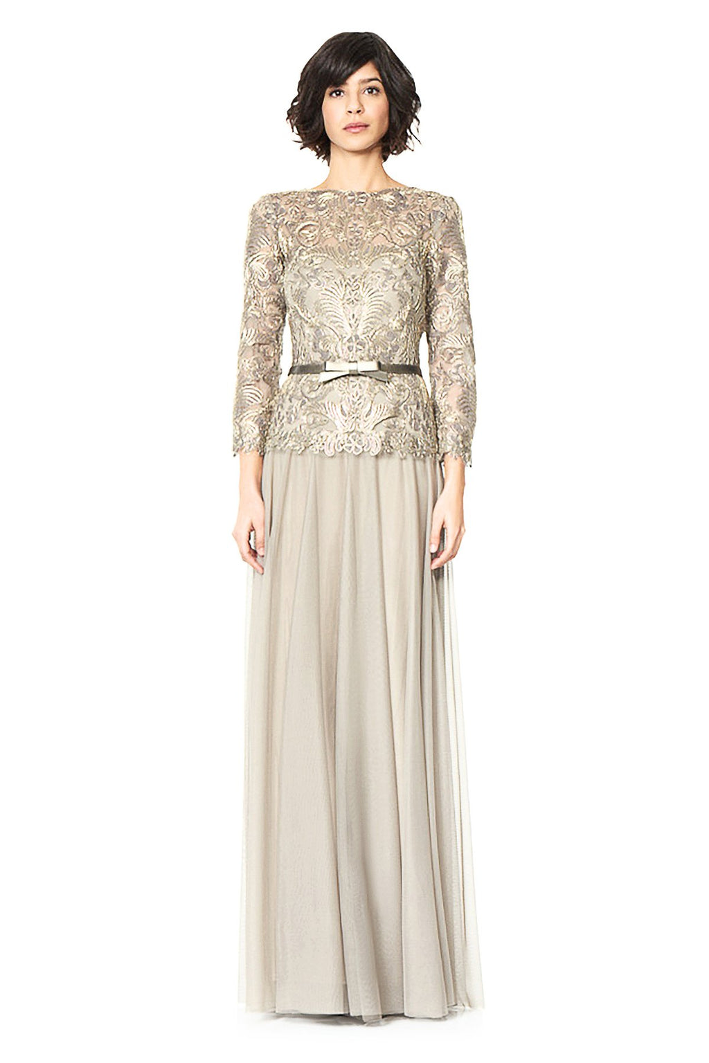Tadashi Shoji - Corded Embroidery on Tulle 3/4 Sleeve Tulle Gown