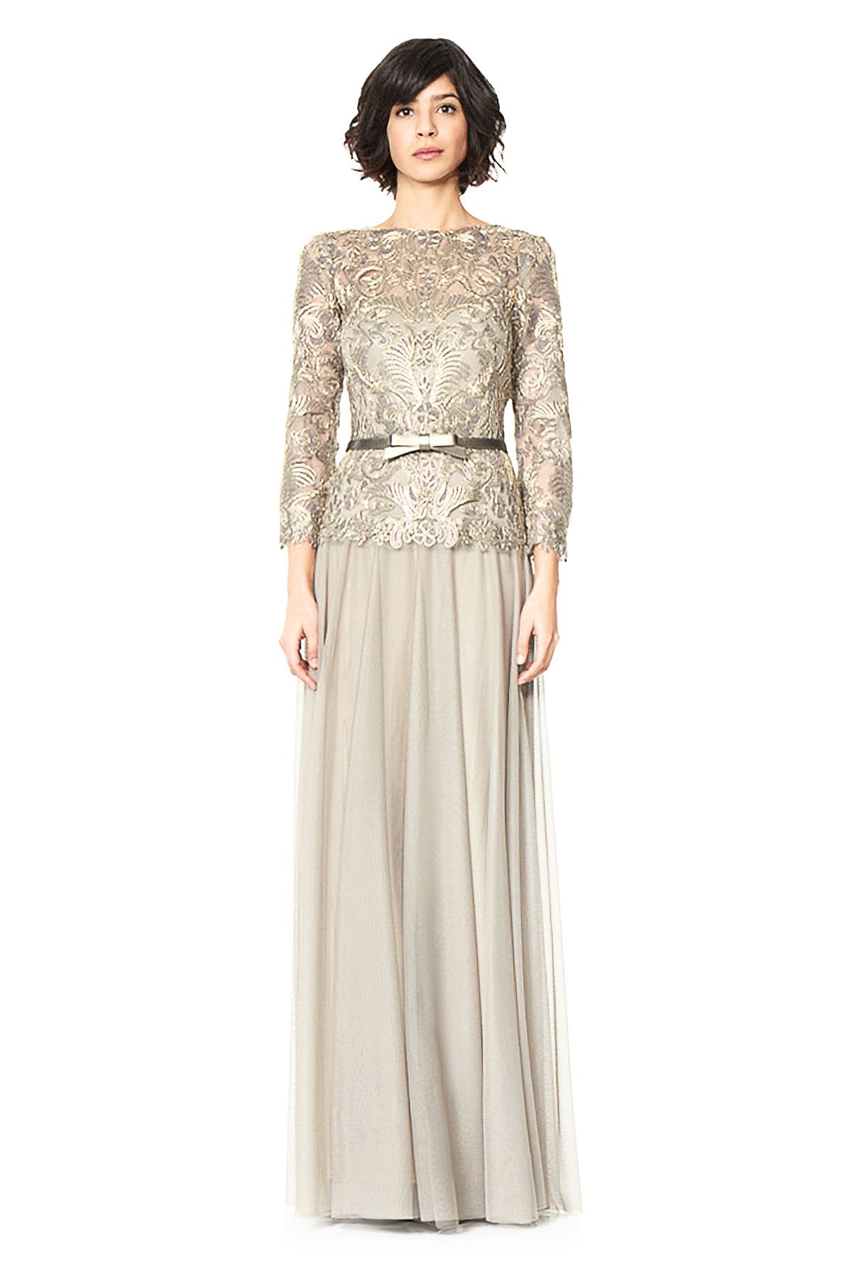 Tadashi Shoji - Corded Embroidery on Tulle 3/4 Sleeve Tulle Gown