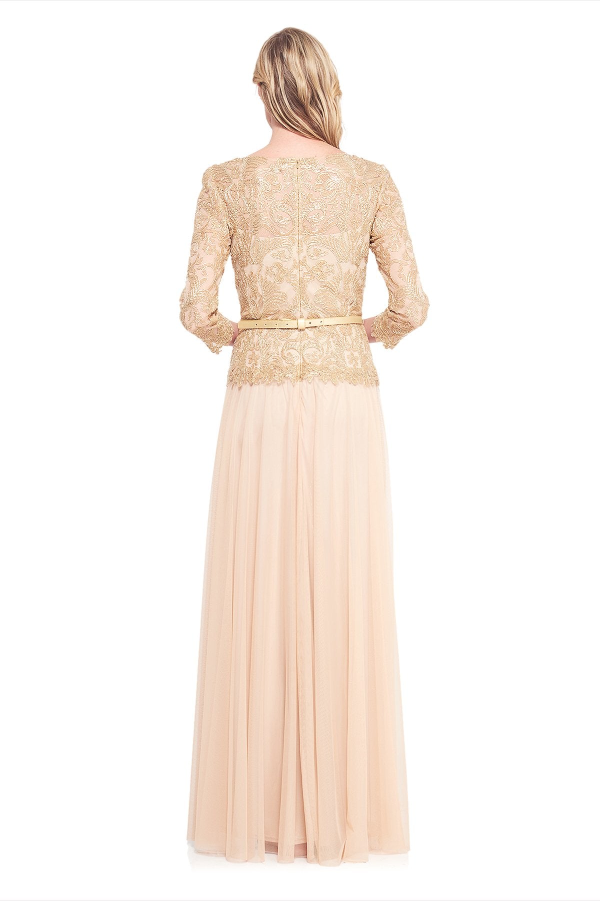 Tadashi Shoji - Corded Embroidery on Tulle 3/4 Sleeve Tulle Gown