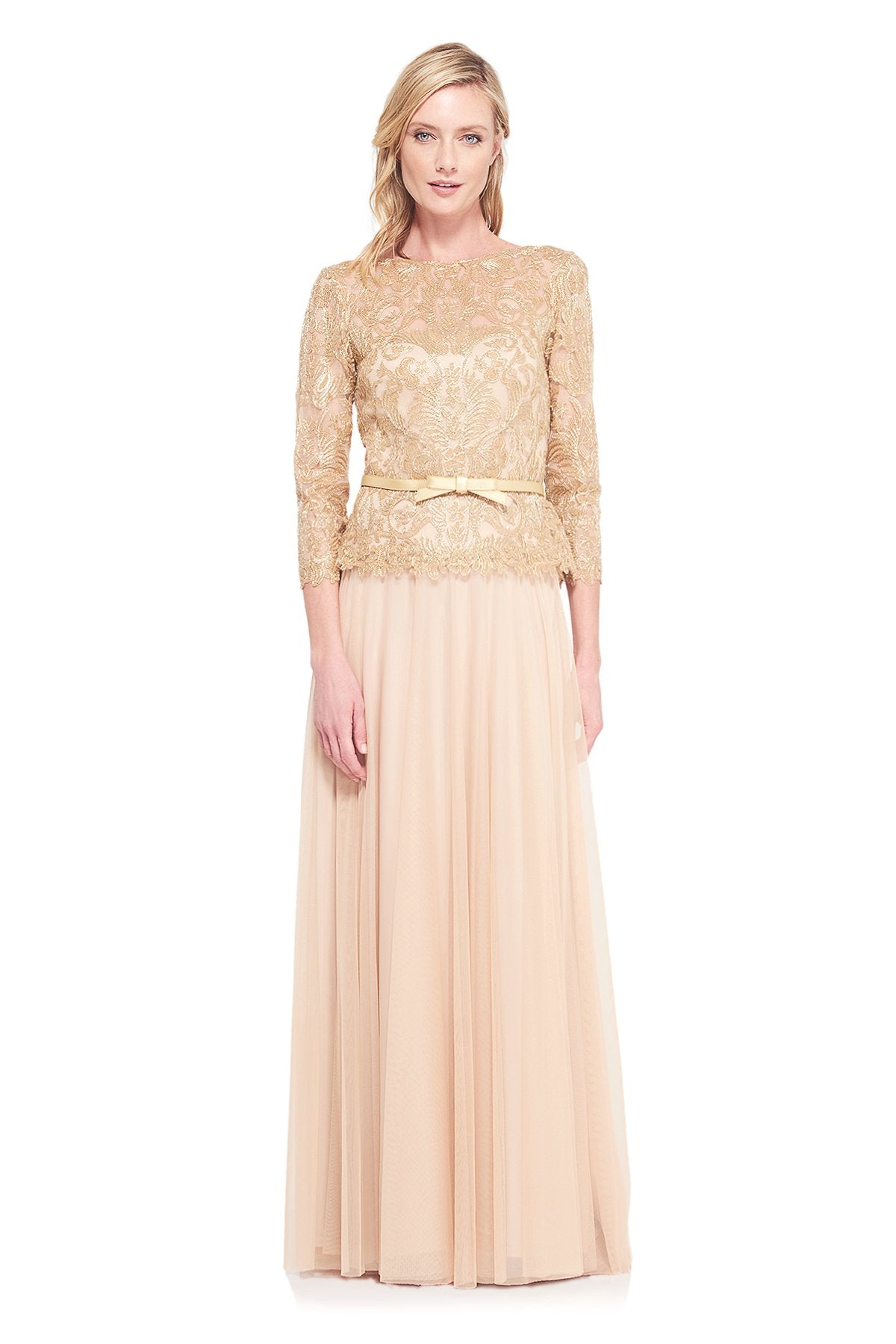 Tadashi Shoji - Corded Embroidery on Tulle 3/4 Sleeve Tulle Gown
