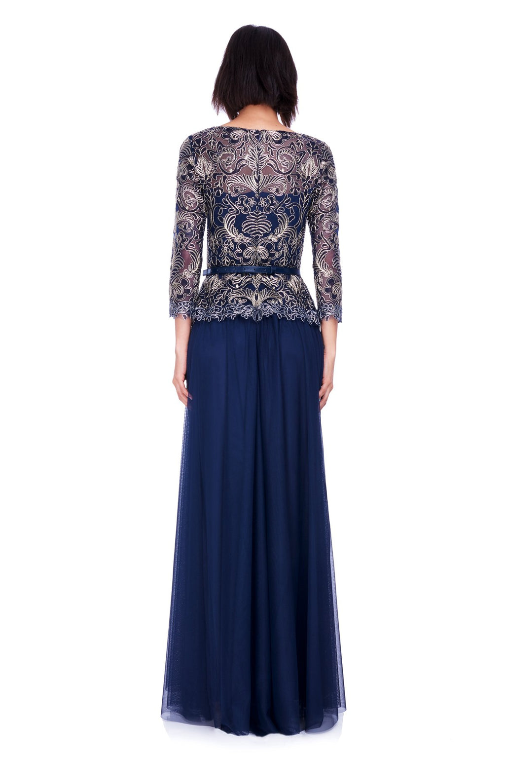 Tadashi Shoji - Corded Embroidery on Tulle 3/4 Sleeve Tulle Gown