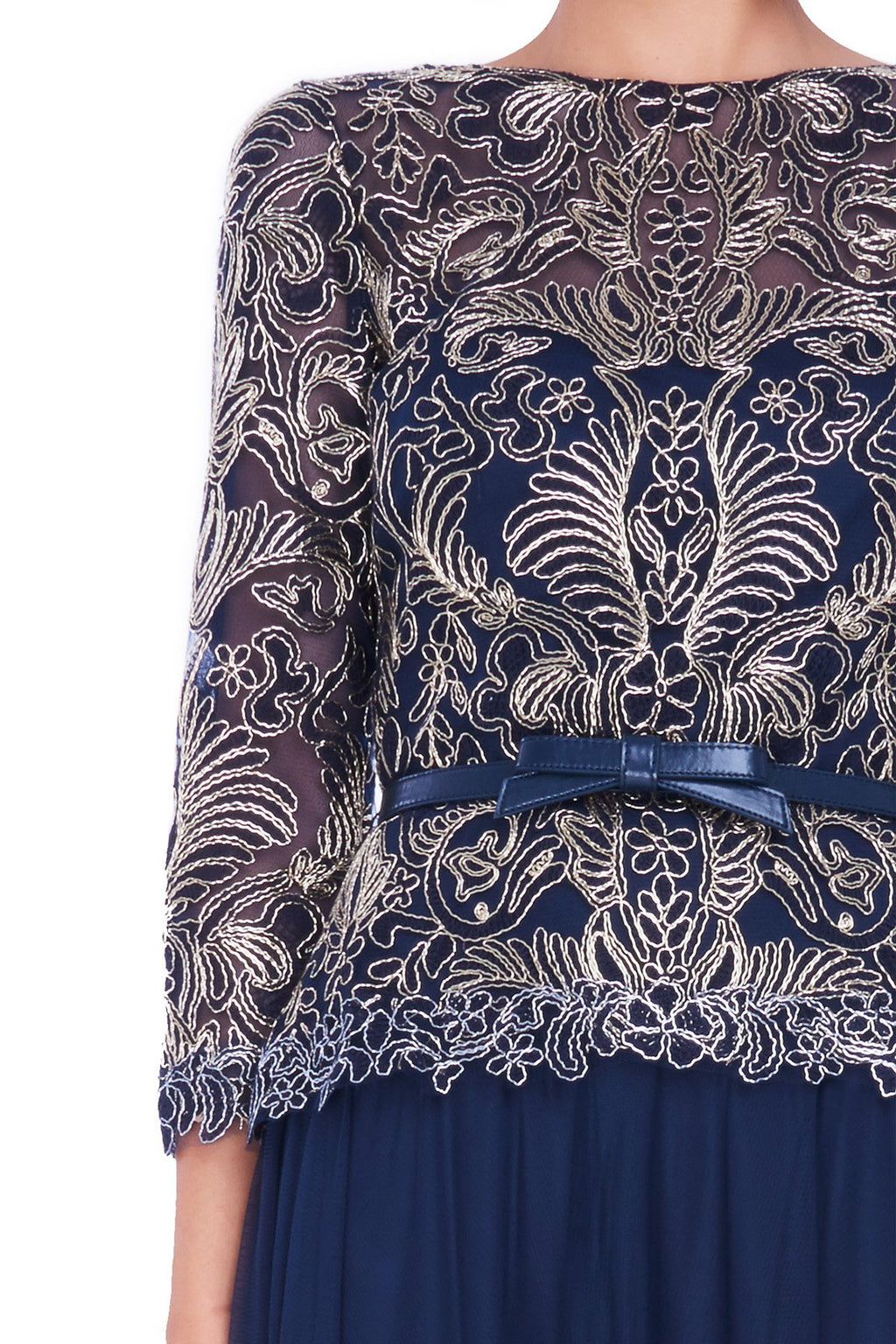 Tadashi Shoji Detail - Corded Embroidery on Tulle 3/4 Sleeve Tulle Gown