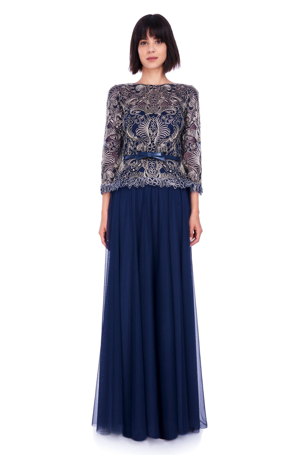 Tadashi Shoji - Corded Embroidery on Tulle 3/4 Sleeve Tulle Gown