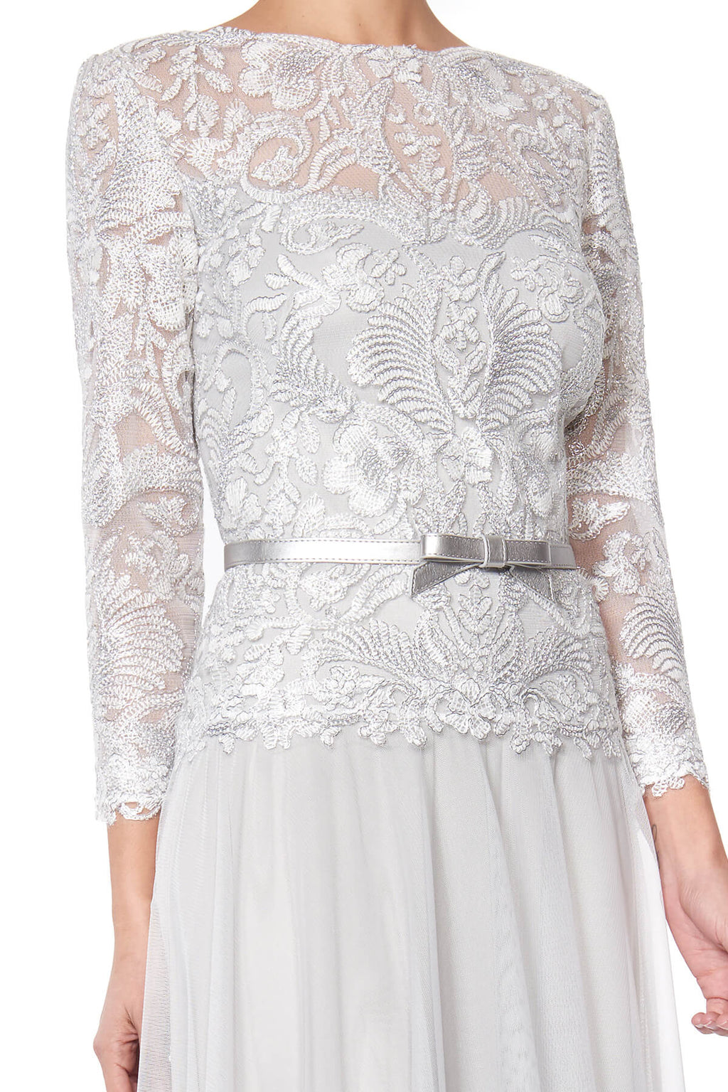 Tadashi Shoji - Corded Embroidery on Tulle 3/4 Sleeve Tulle Gown - Detail