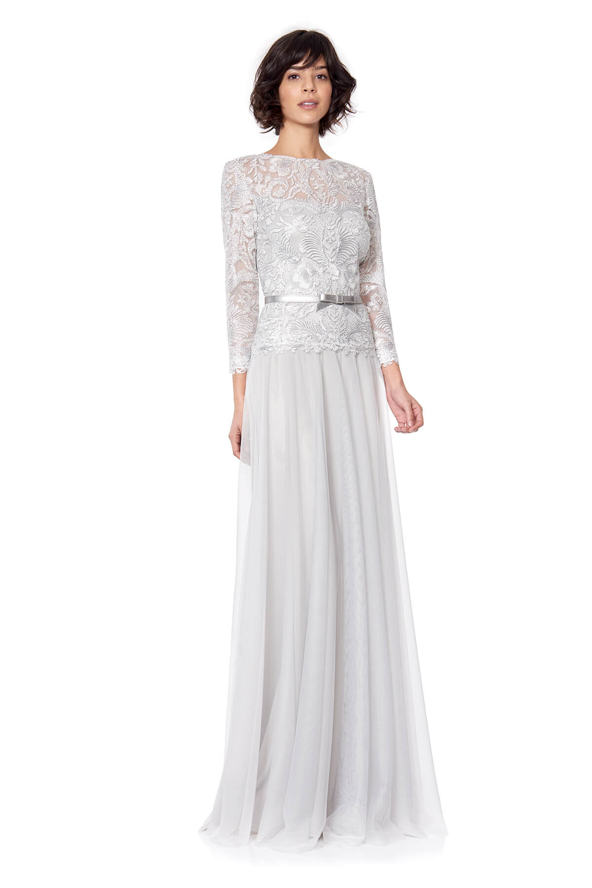 Tadashi Shoji - Corded Embroidery on Tulle 3/4 Sleeve Tulle Gown