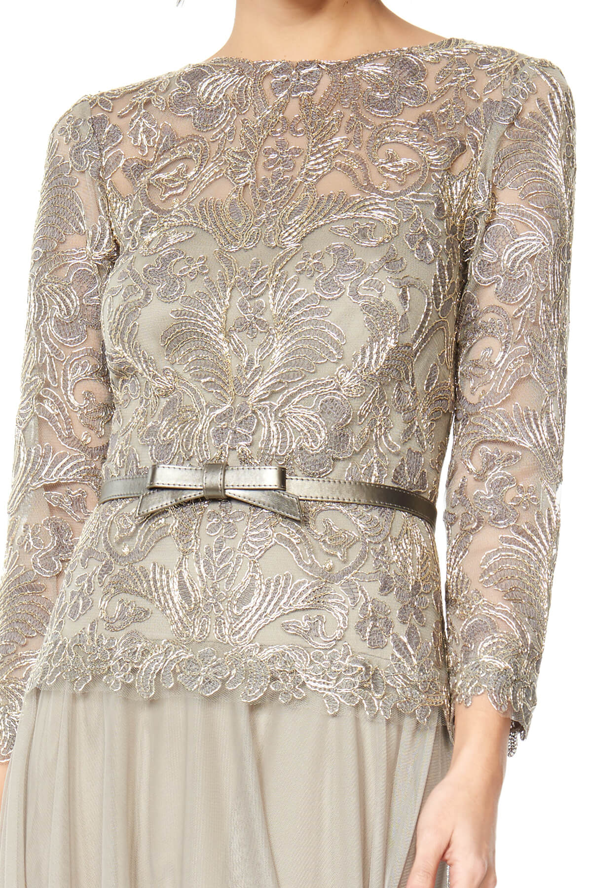 Tadashi Shoji - Corded Embroidery on Tulle 3/4 Sleeve Tulle Gown - Detail