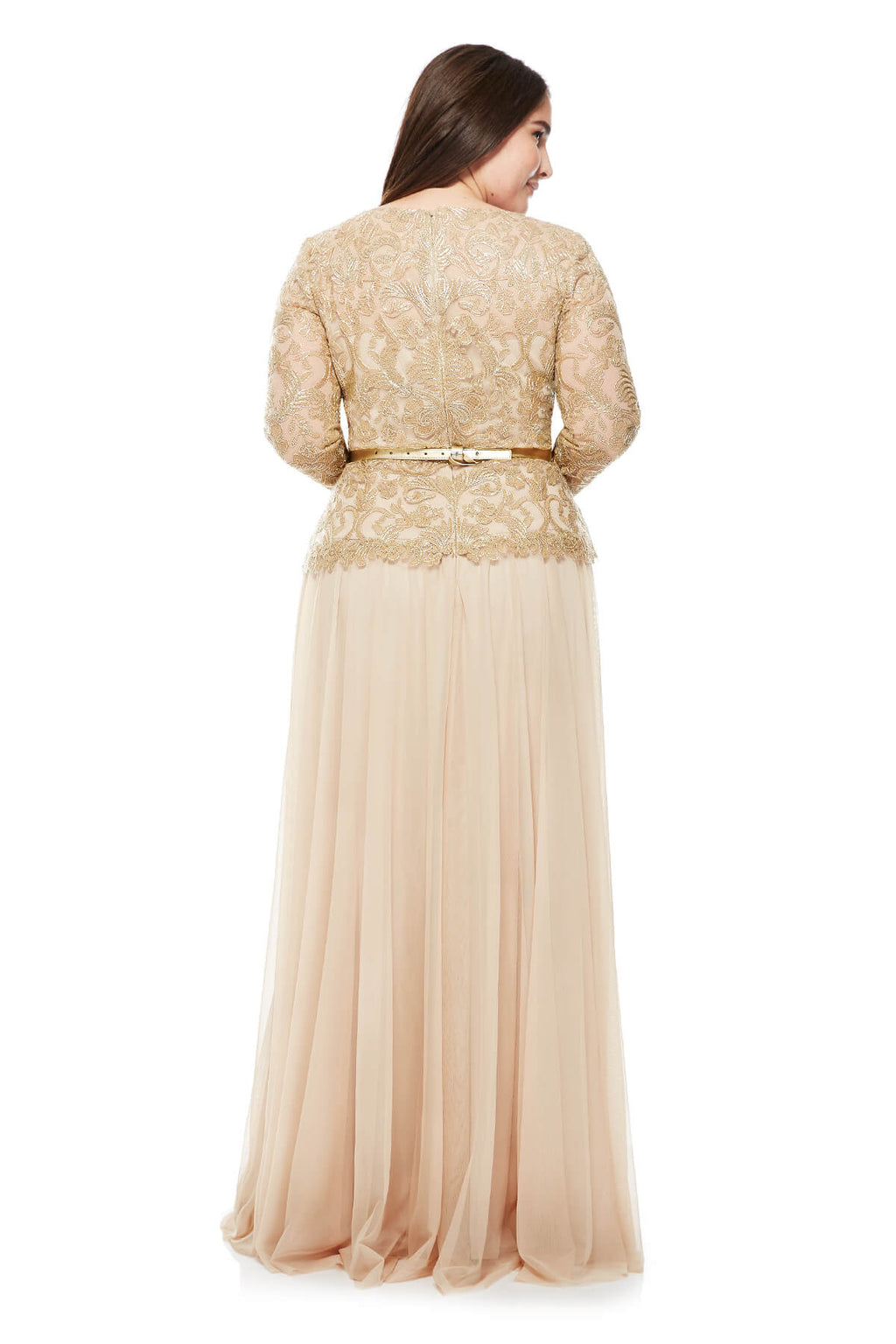 Tadashi Shoji Plus Size - Corded Embroidery on Tulle 3/4 Sleeve Tulle Gown