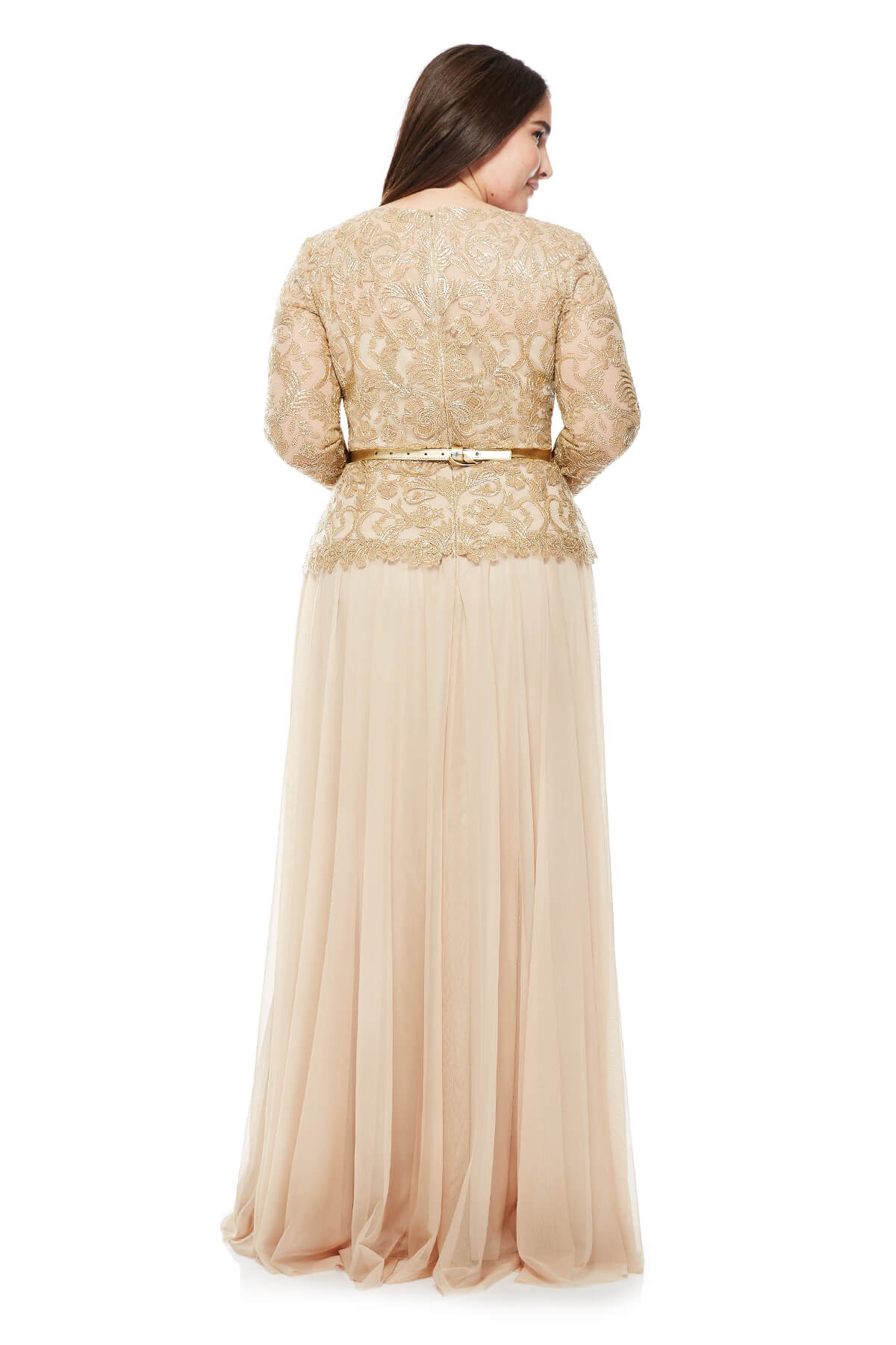 Tadashi Shoji Plus Size - Corded Embroidery on Tulle 3/4 Sleeve Tulle Gown