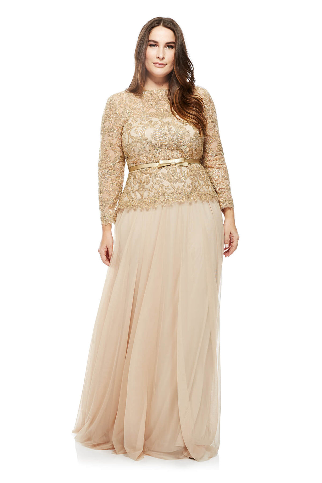 Tadashi Shoji Plus Size - Corded Embroidery on Tulle 3/4 Sleeve Tulle Gown