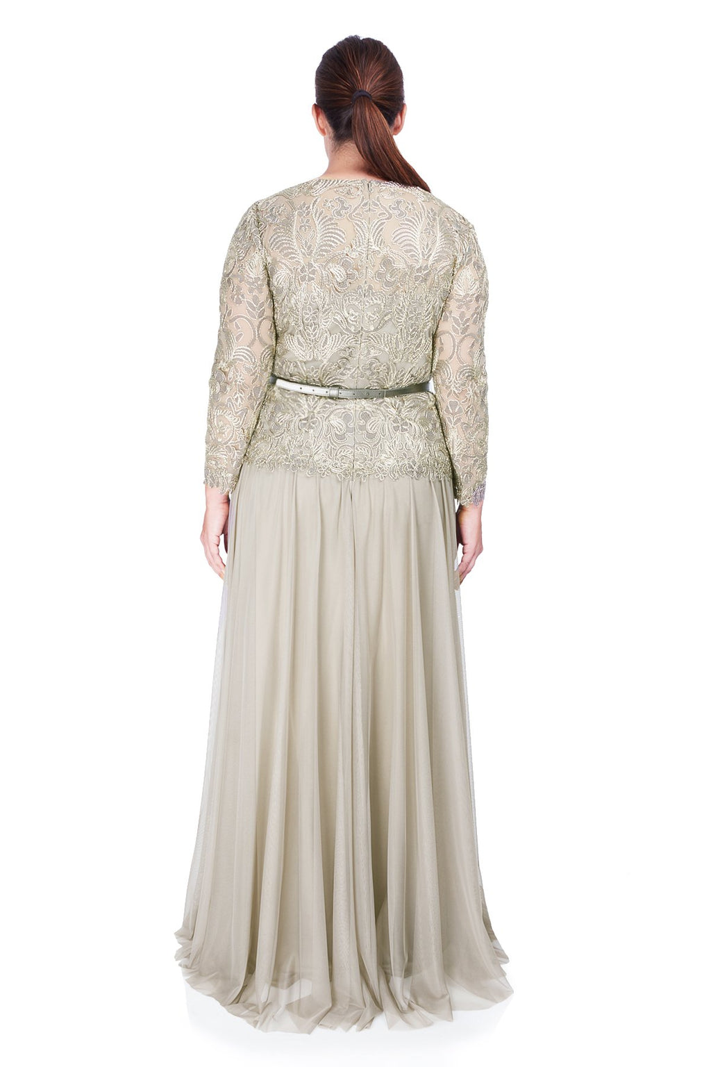Tadashi Shoji Plus Size - Corded Embroidery on Tulle 3/4 Sleeve Tulle Gown