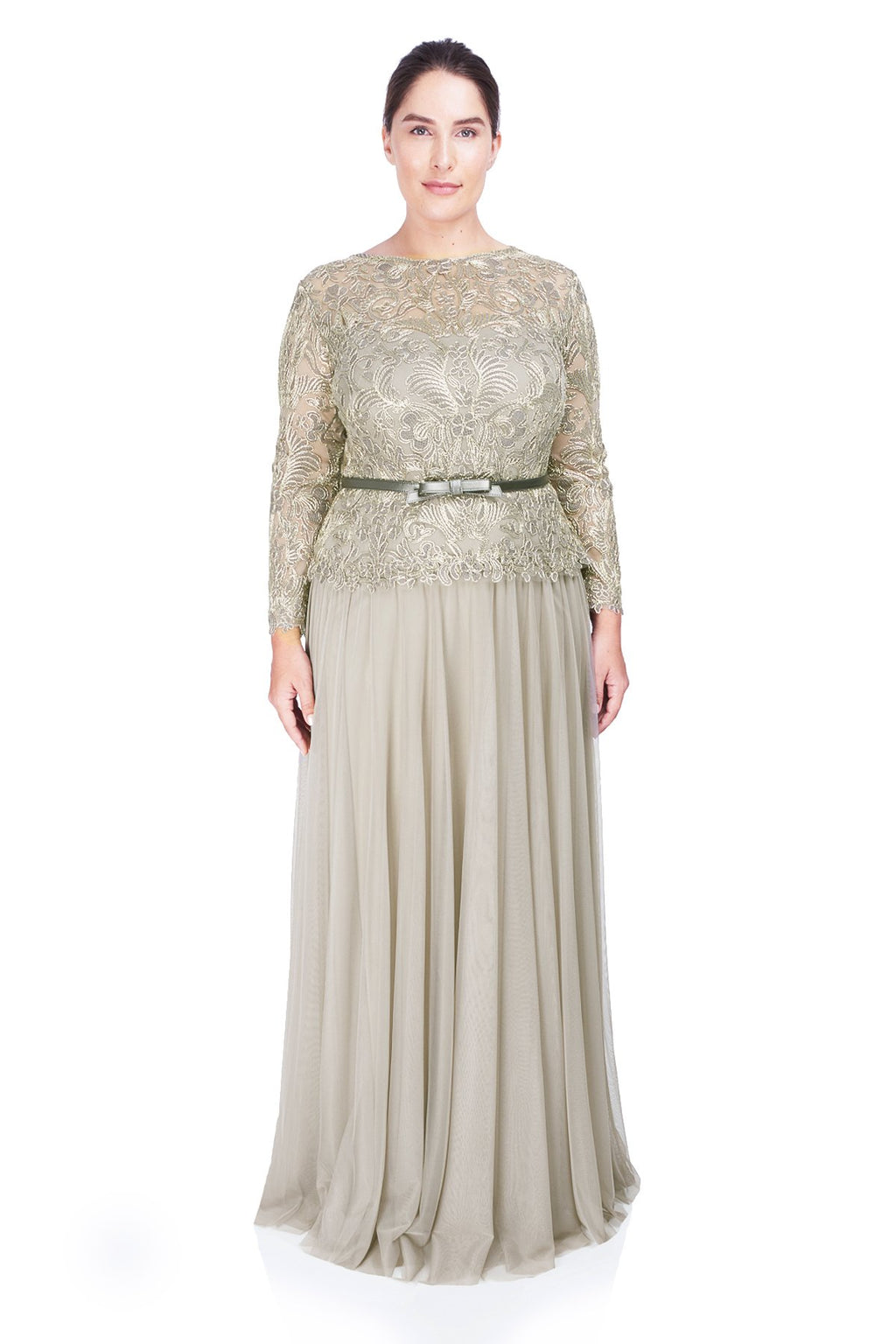 Tadashi Shoji Plus Size - Corded Embroidery on Tulle 3/4 Sleeve Tulle Gown