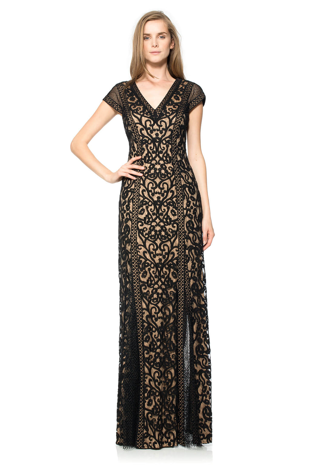 Crewel Embroidery on Tulle V-Neck Gown