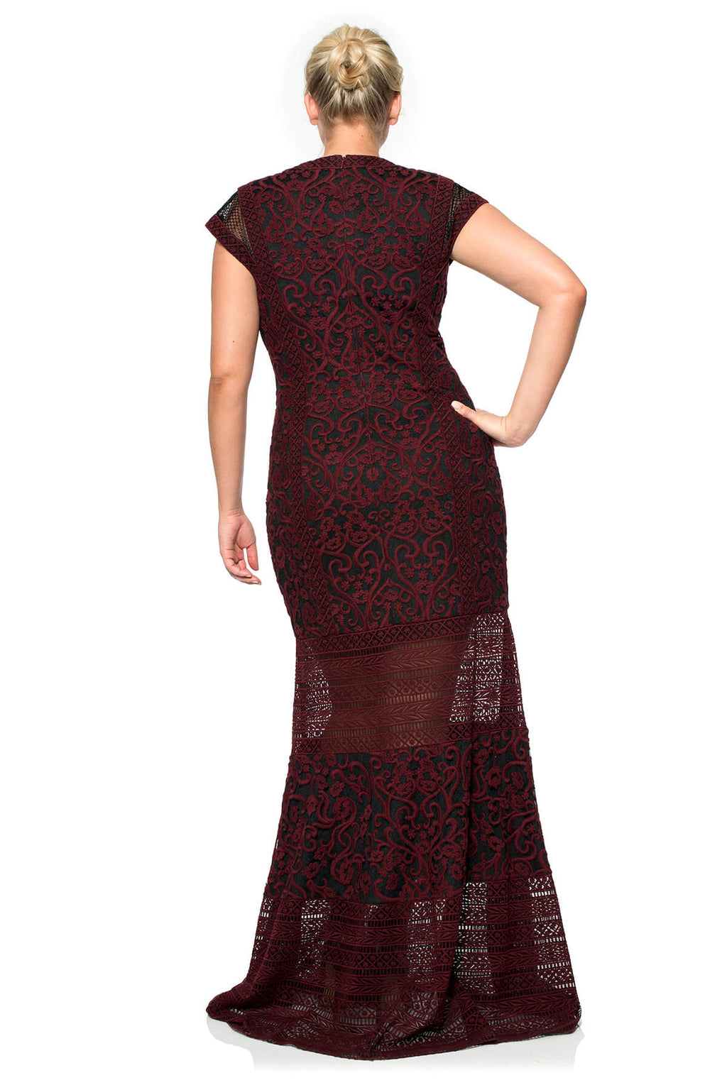 Crewel Embroidery on Tulle Cap Sleeve V-Neck Gown