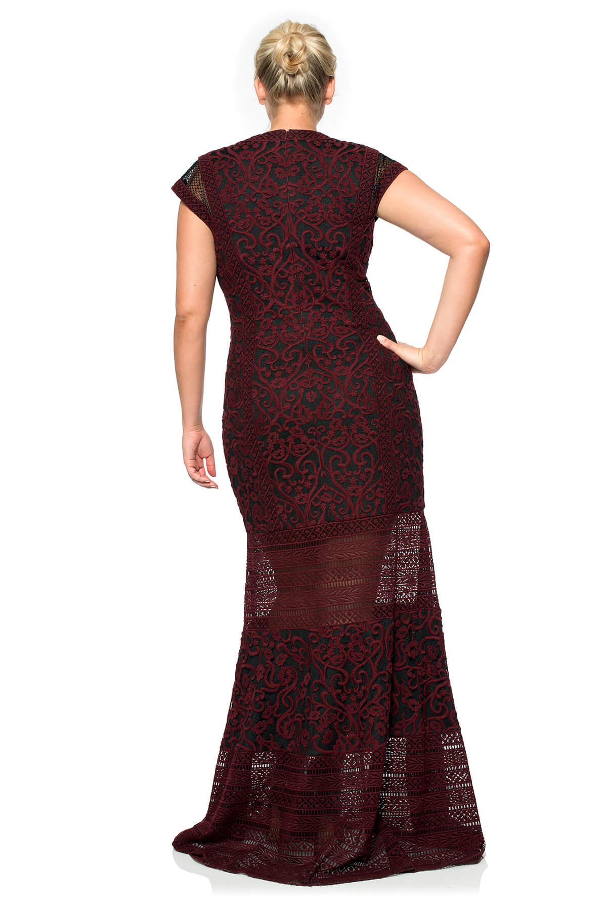 Crewel Embroidery on Tulle Cap Sleeve V-Neck Gown