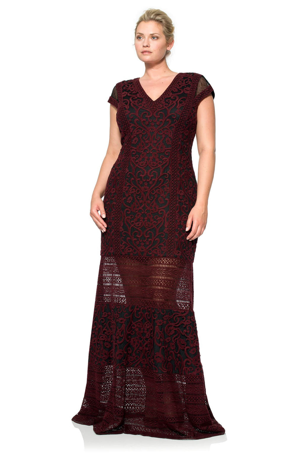 Crewel Embroidery on Tulle Cap Sleeve V-Neck Gown
