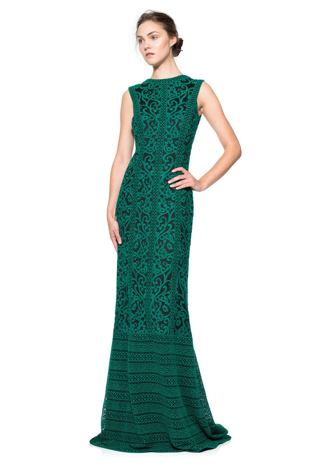 Crewel Embroidery on Tulle Boatneck Gown
