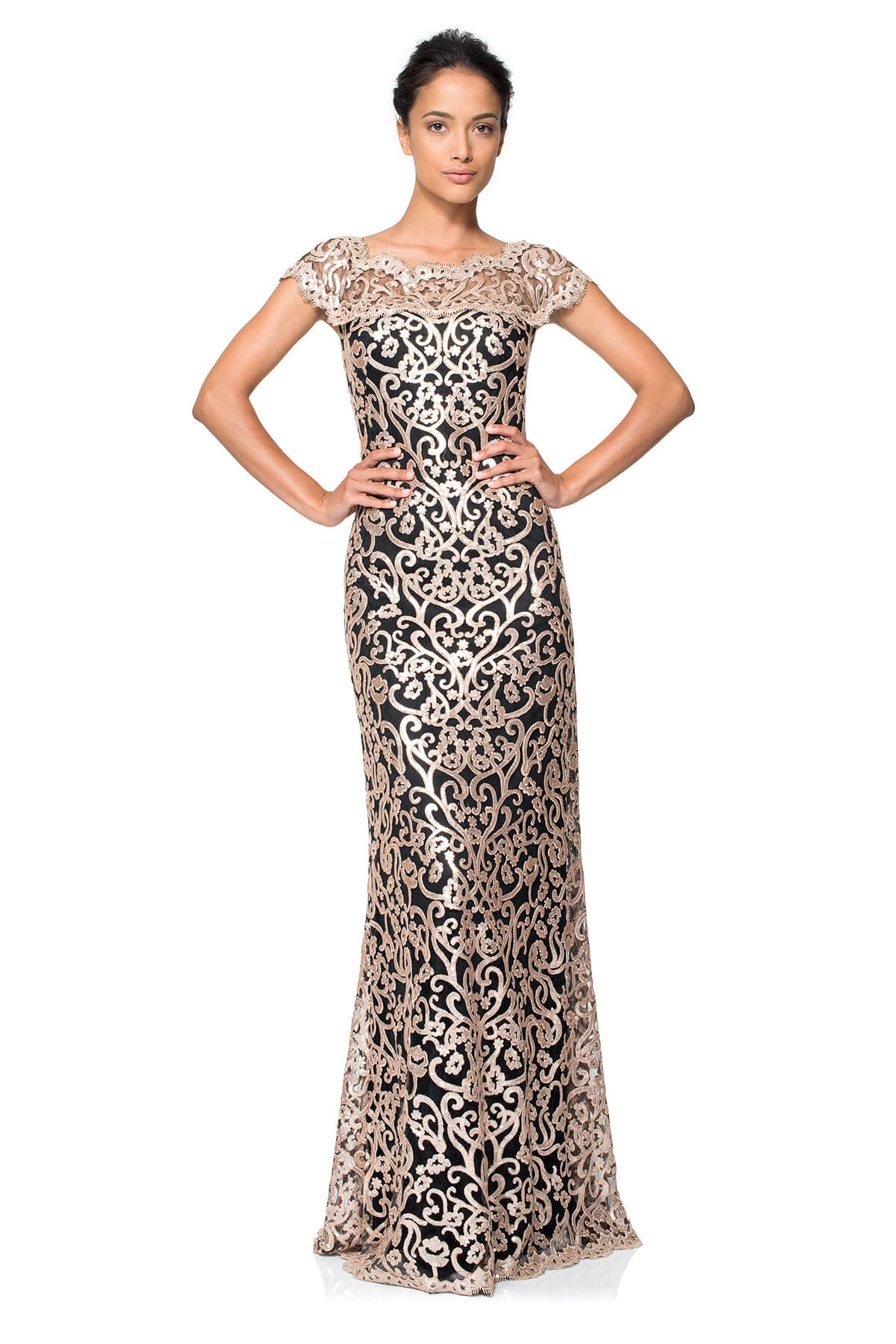 Paillette Embroidered Lace Off Shoulder Gown