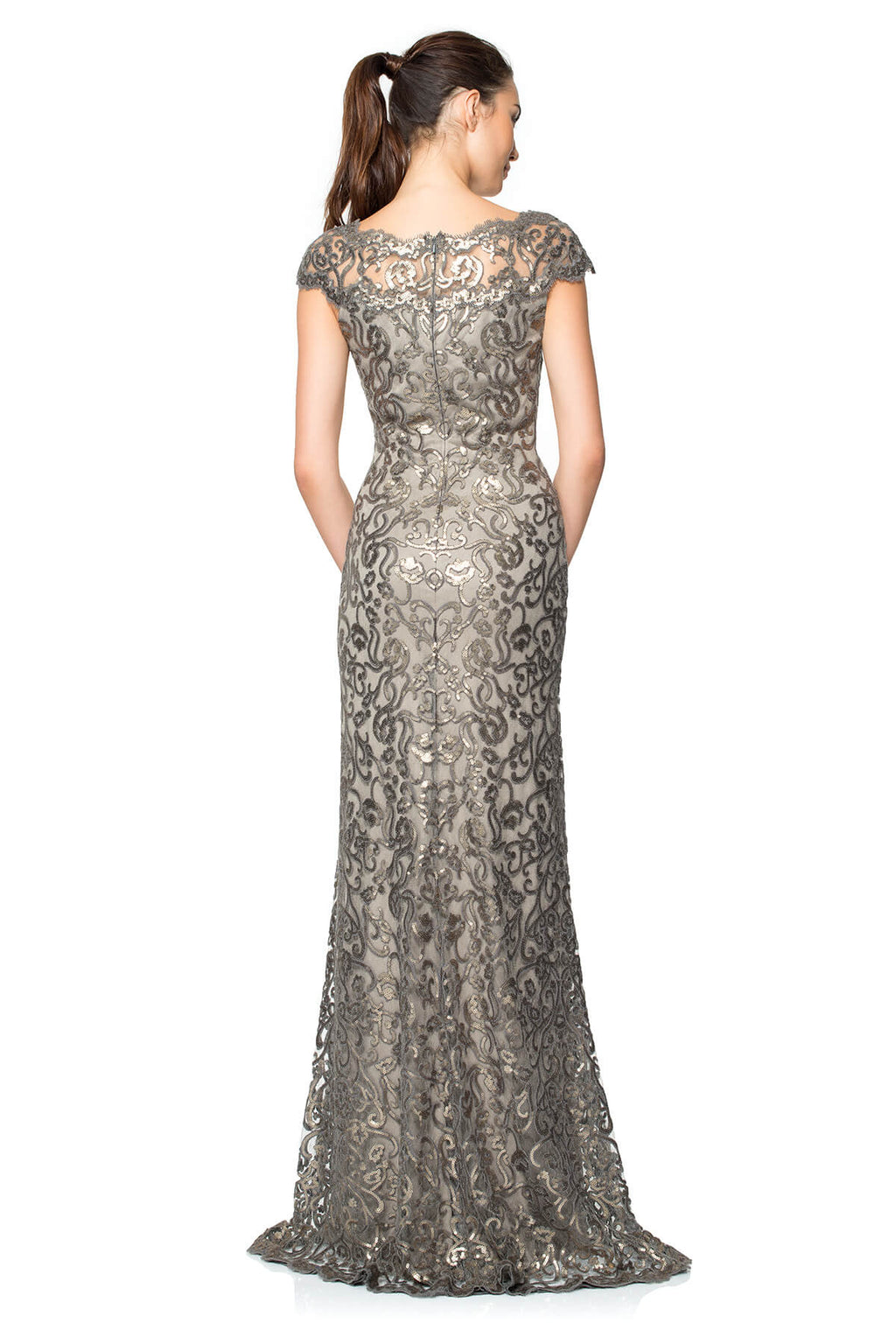 Paillette Embroidered Lace Off Shoulder Gown