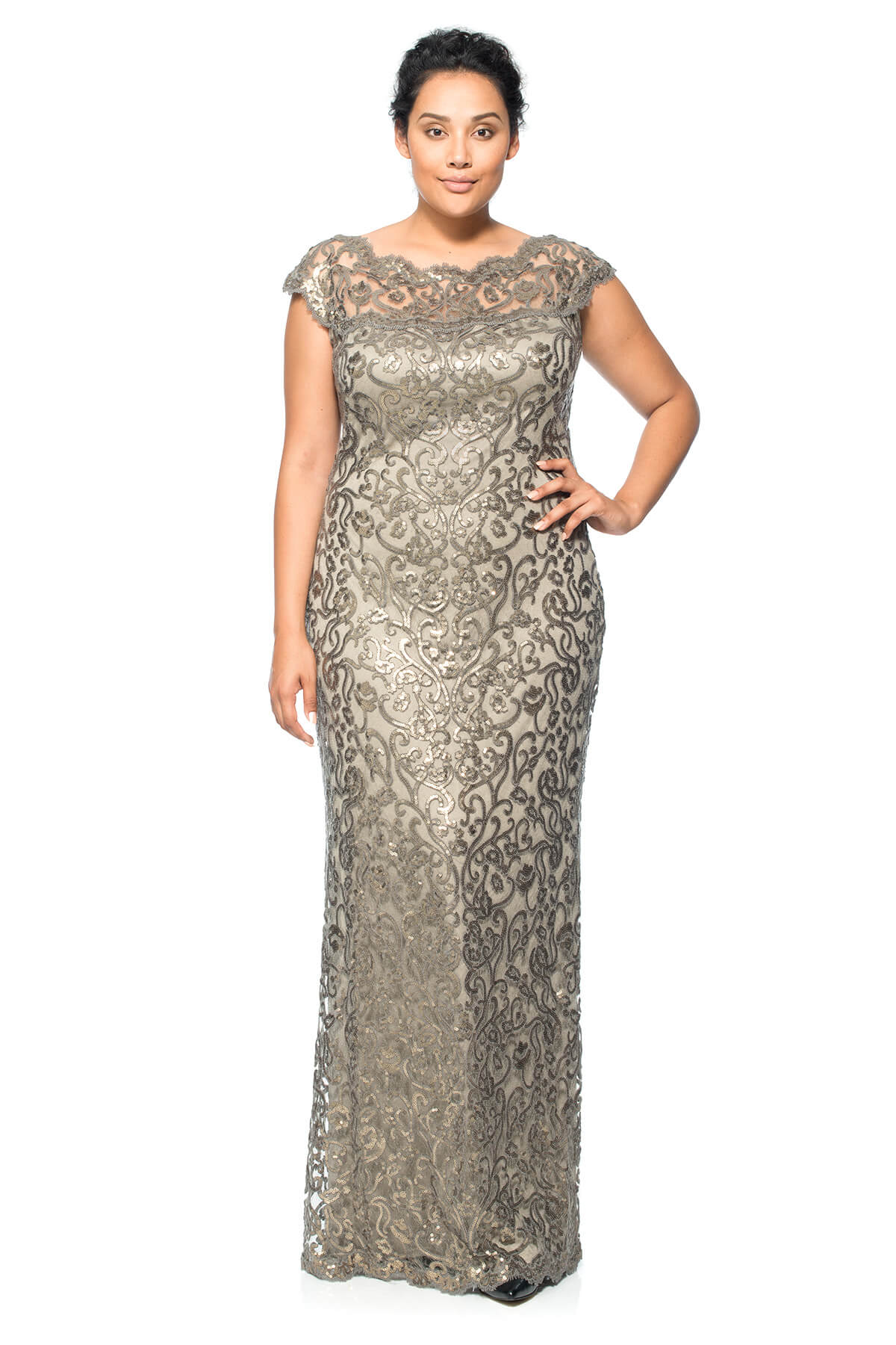 Paillette Embroidered Lace Off Shoulder Gown