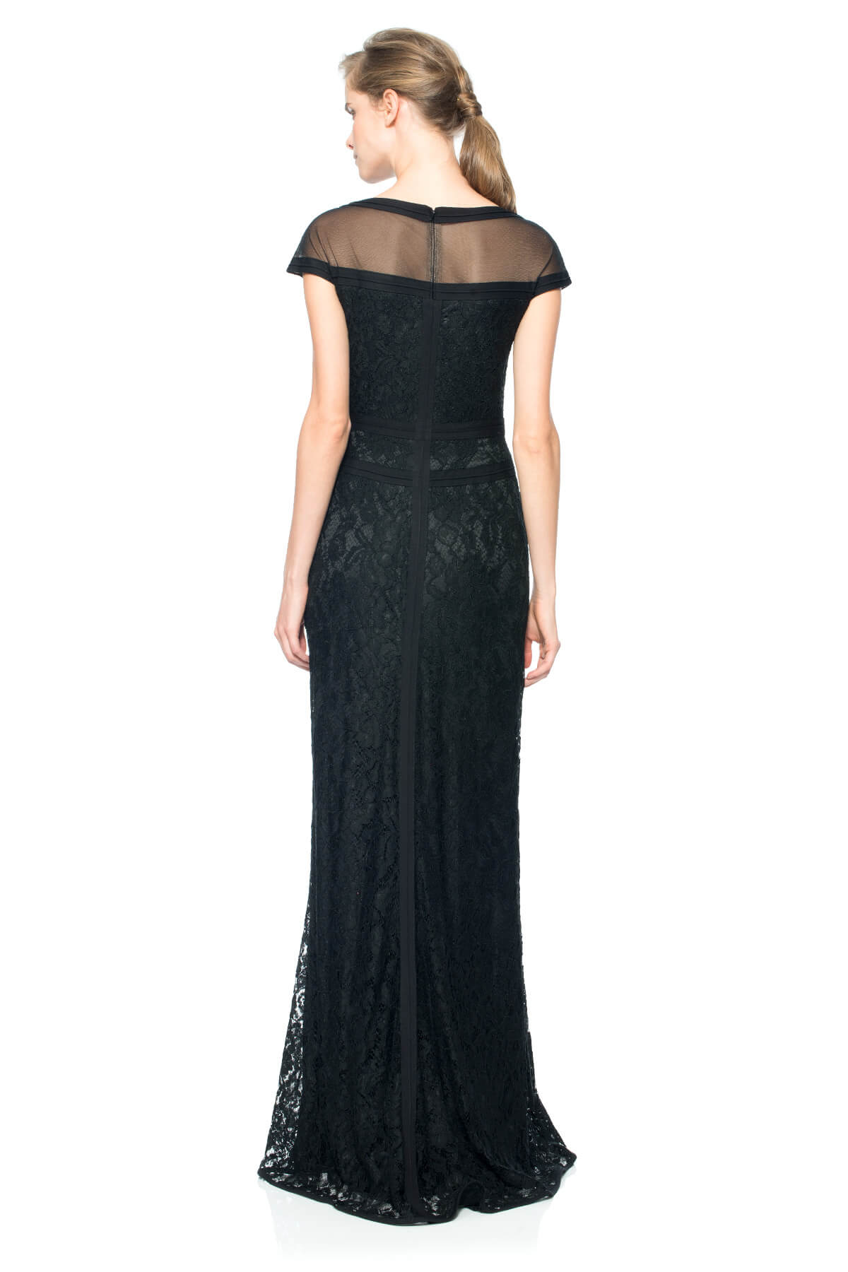 Lace Cap Sleeve Gown with Sheer Detail and Pintuck Jersey Piping