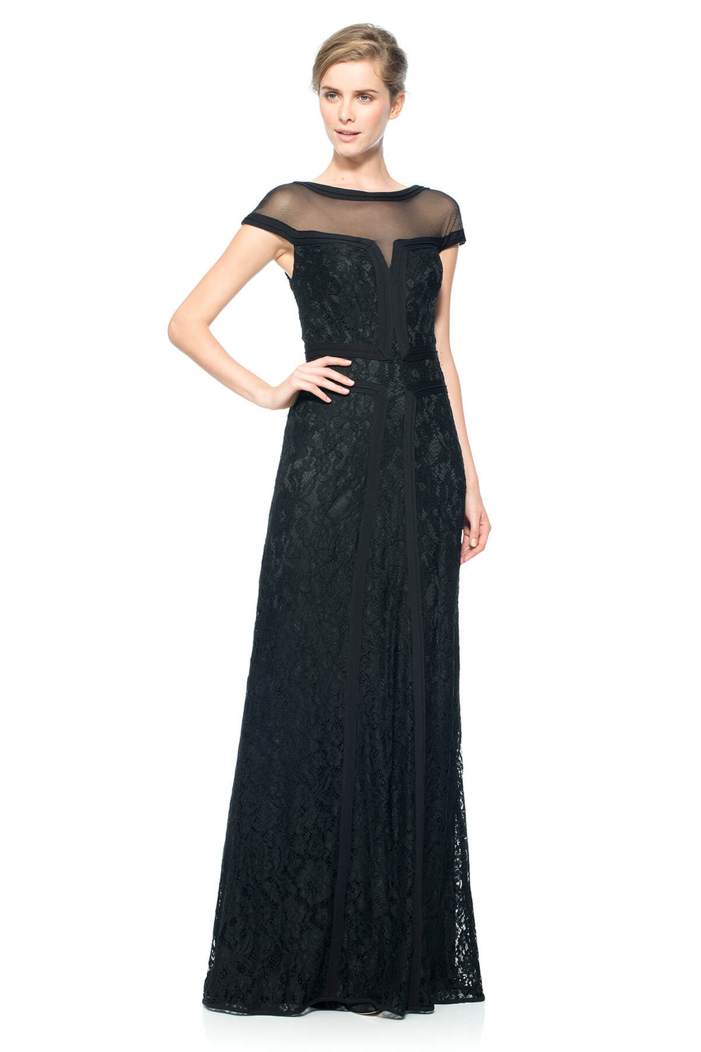 Lace Cap Sleeve Gown with Sheer Detail and Pintuck Jersey Piping