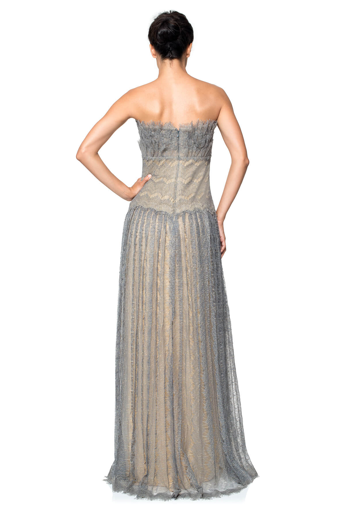 Metallic Chantilly Lace Ruffled Bodice Strapless Gown