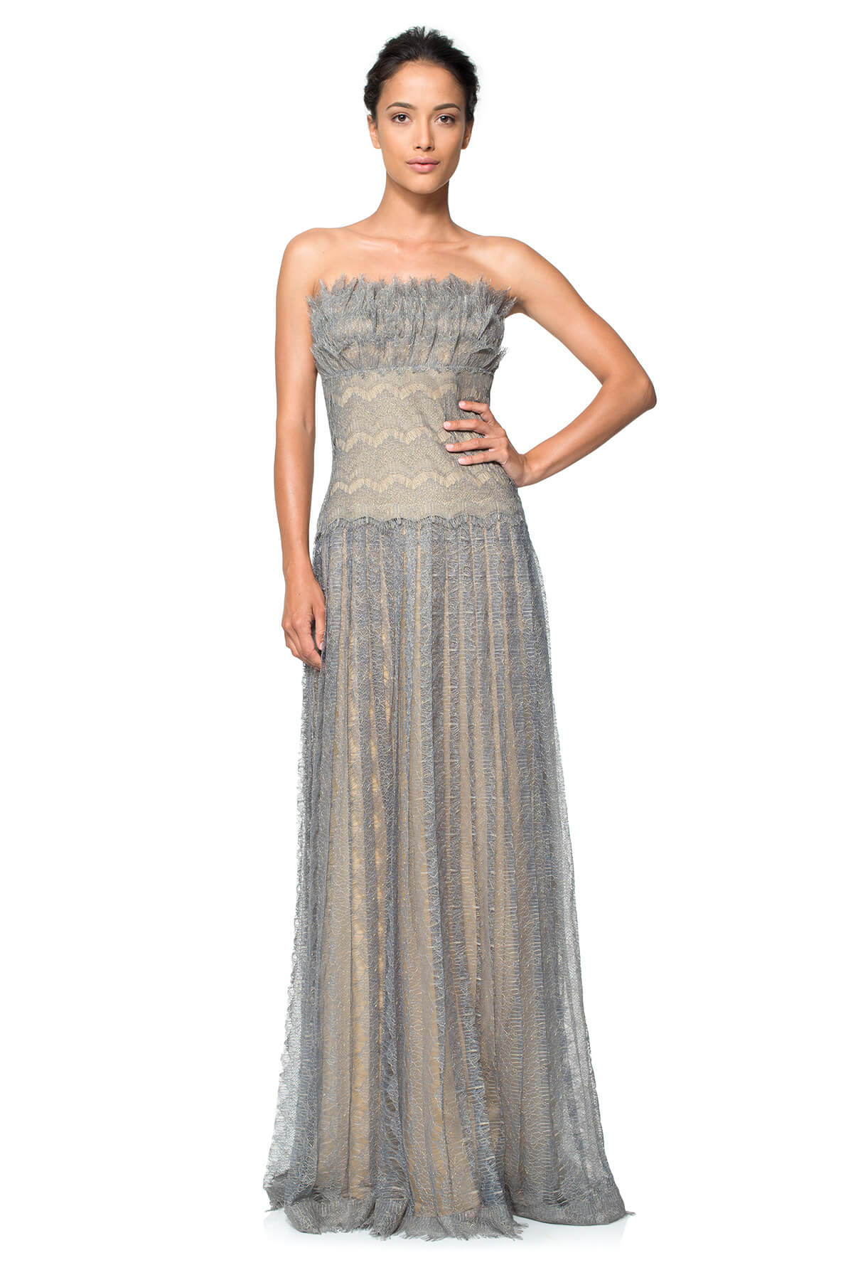 Metallic Chantilly Lace Ruffled Bodice Strapless Gown
