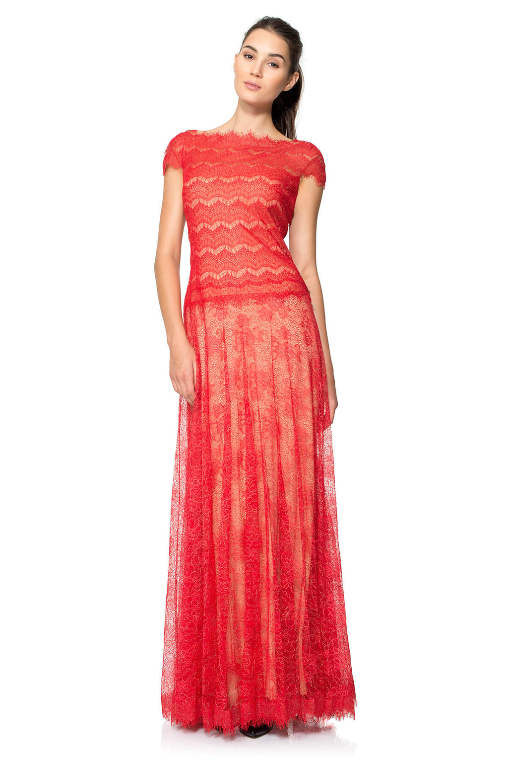Metallic Chantilly Lace Drop Waist Gown