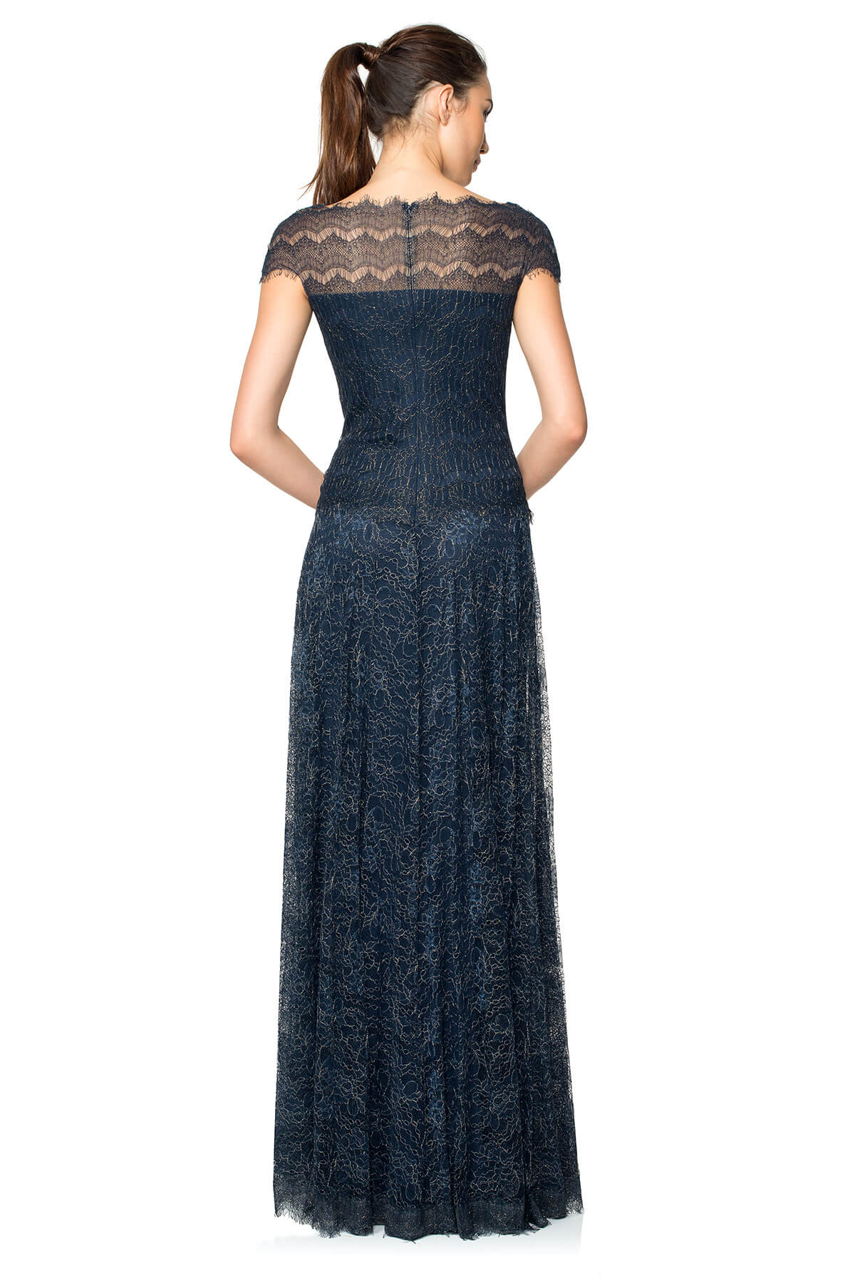 Metallic Chantilly Lace Drop Waist Gown