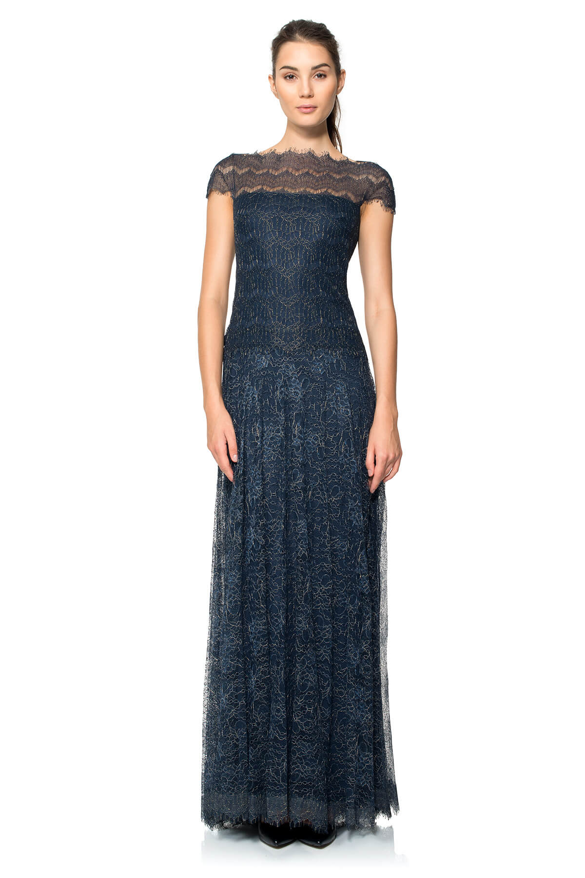 Metallic Chantilly Lace Drop Waist Gown
