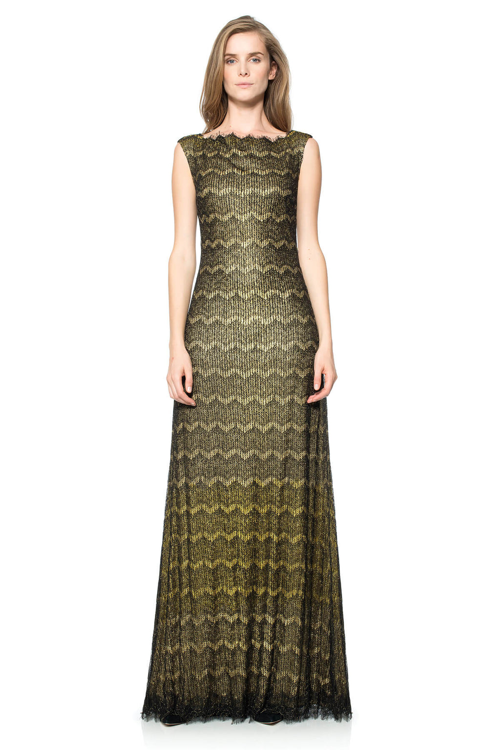 Metallic Chantilly Lace Bateau Gown