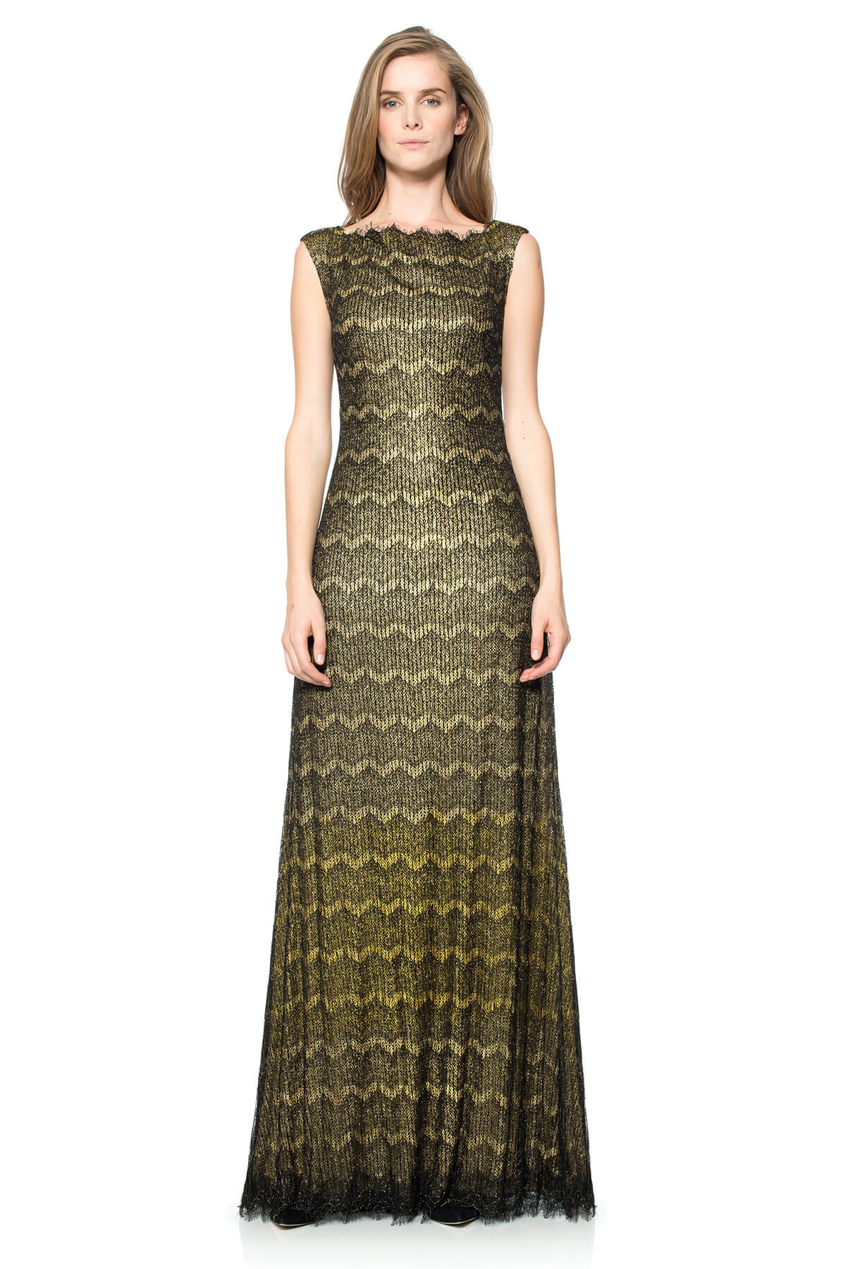 Metallic Chantilly Lace Bateau Gown