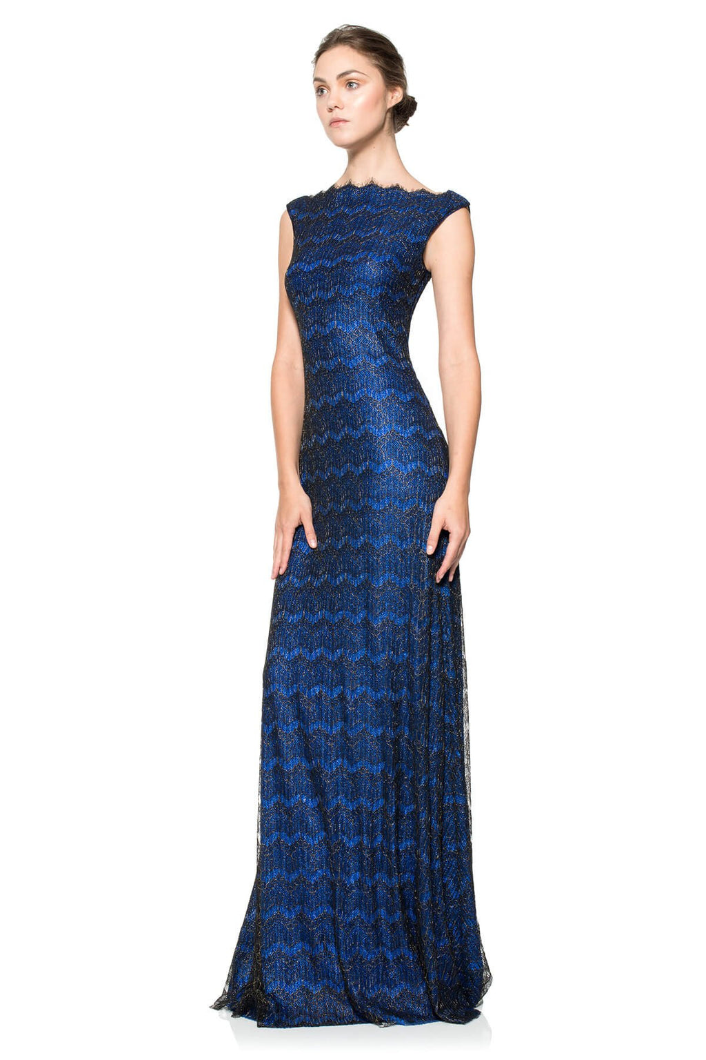 Metallic Chantilly Lace Bateau Gown