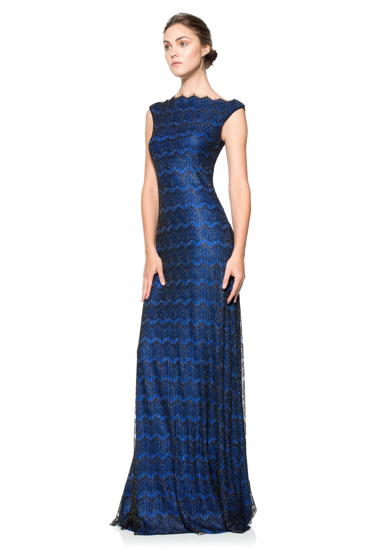 Metallic Chantilly Lace Bateau Gown