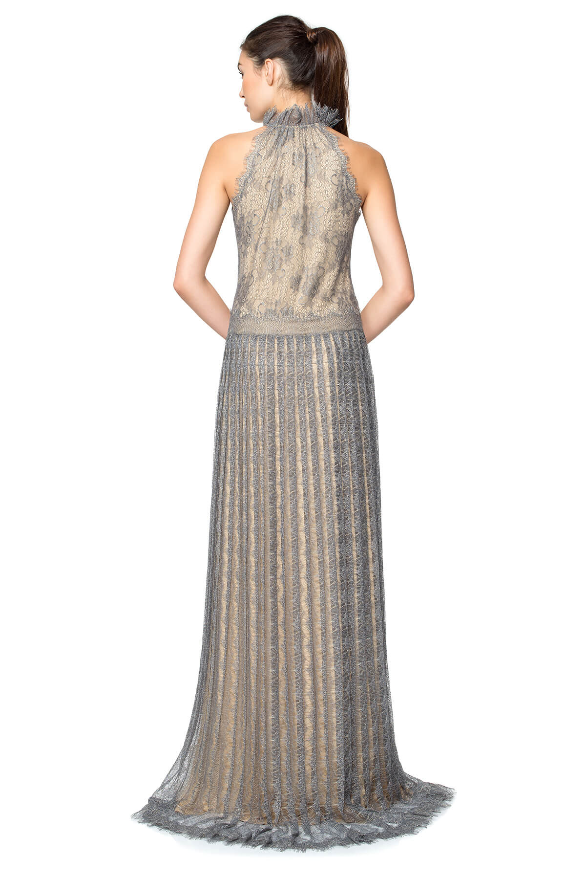 Metallic Chantilly Lace Ruffle Neck Halter Gown