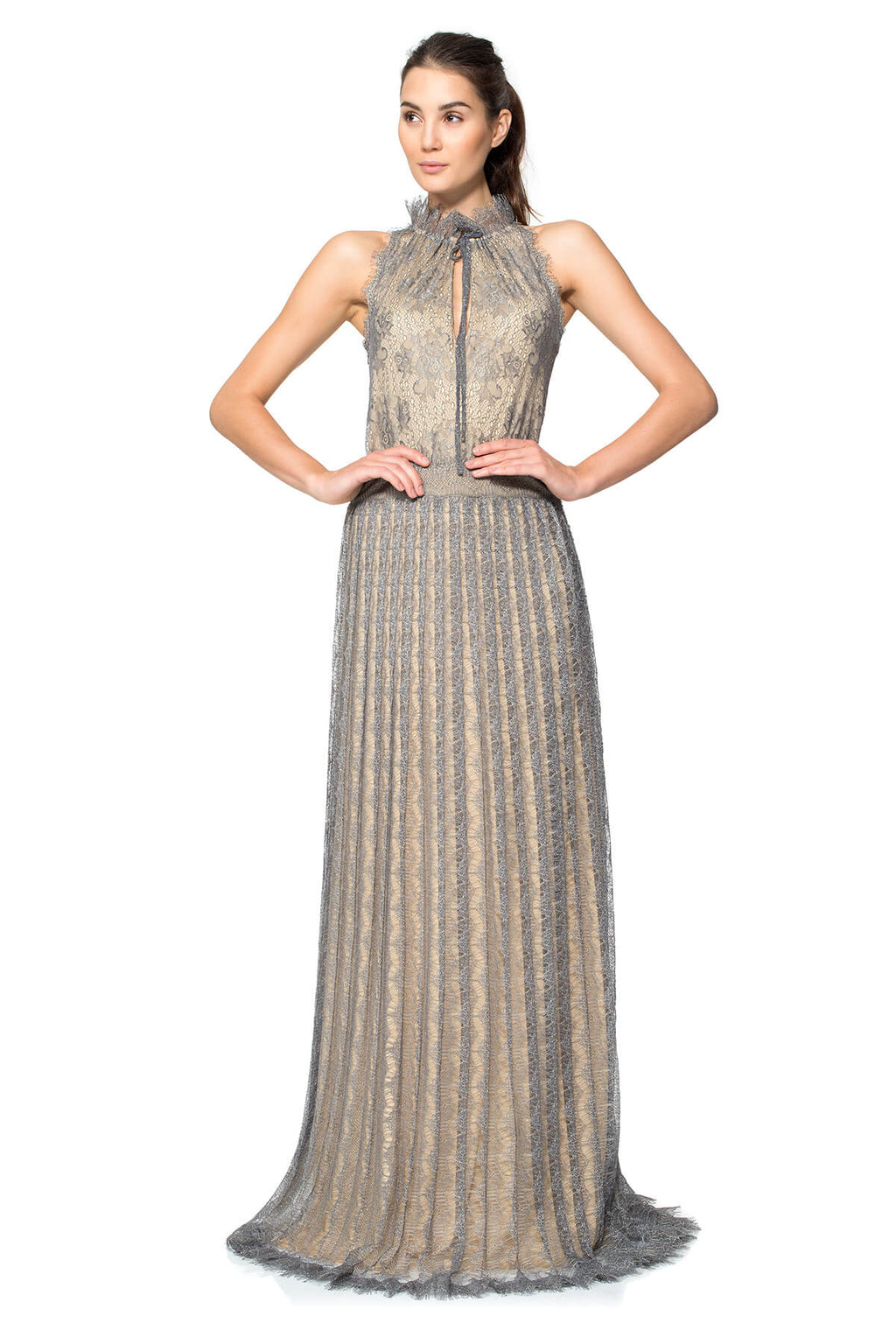 Metallic Chantilly Lace Ruffle Neck Halter Gown