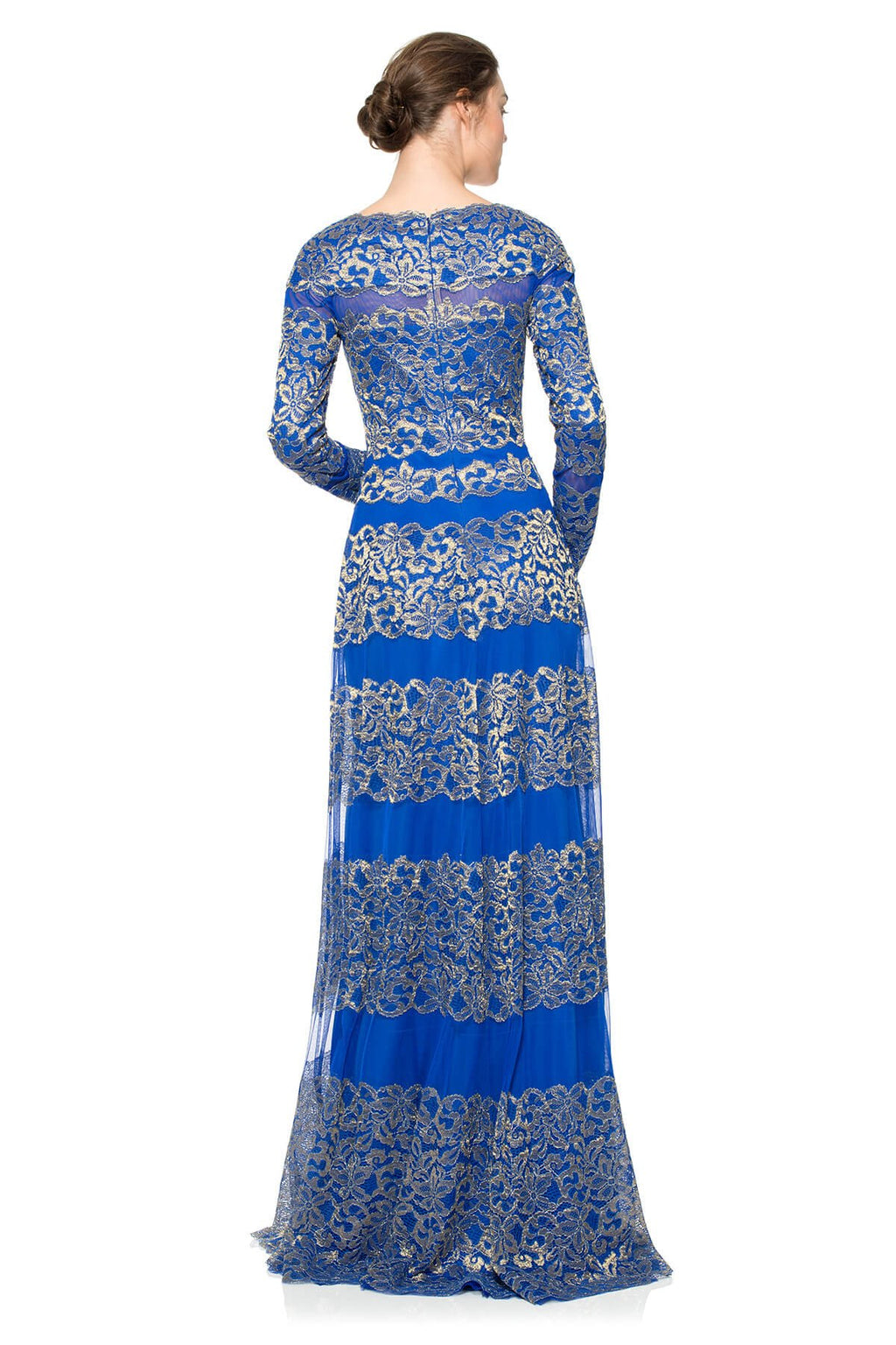 Metallic Lace Banded Long Sleeve Gown